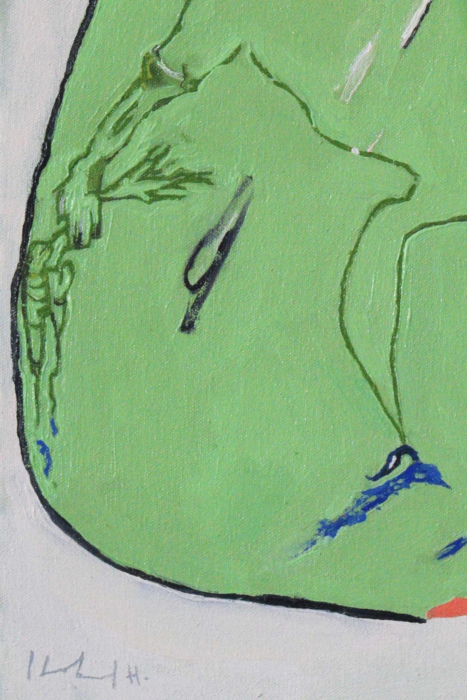 Details of original oil painting, The harvest of the carrots, by artist, Isobel Hill. Details of figure’s hand grabbing a cluster of green carrots.
