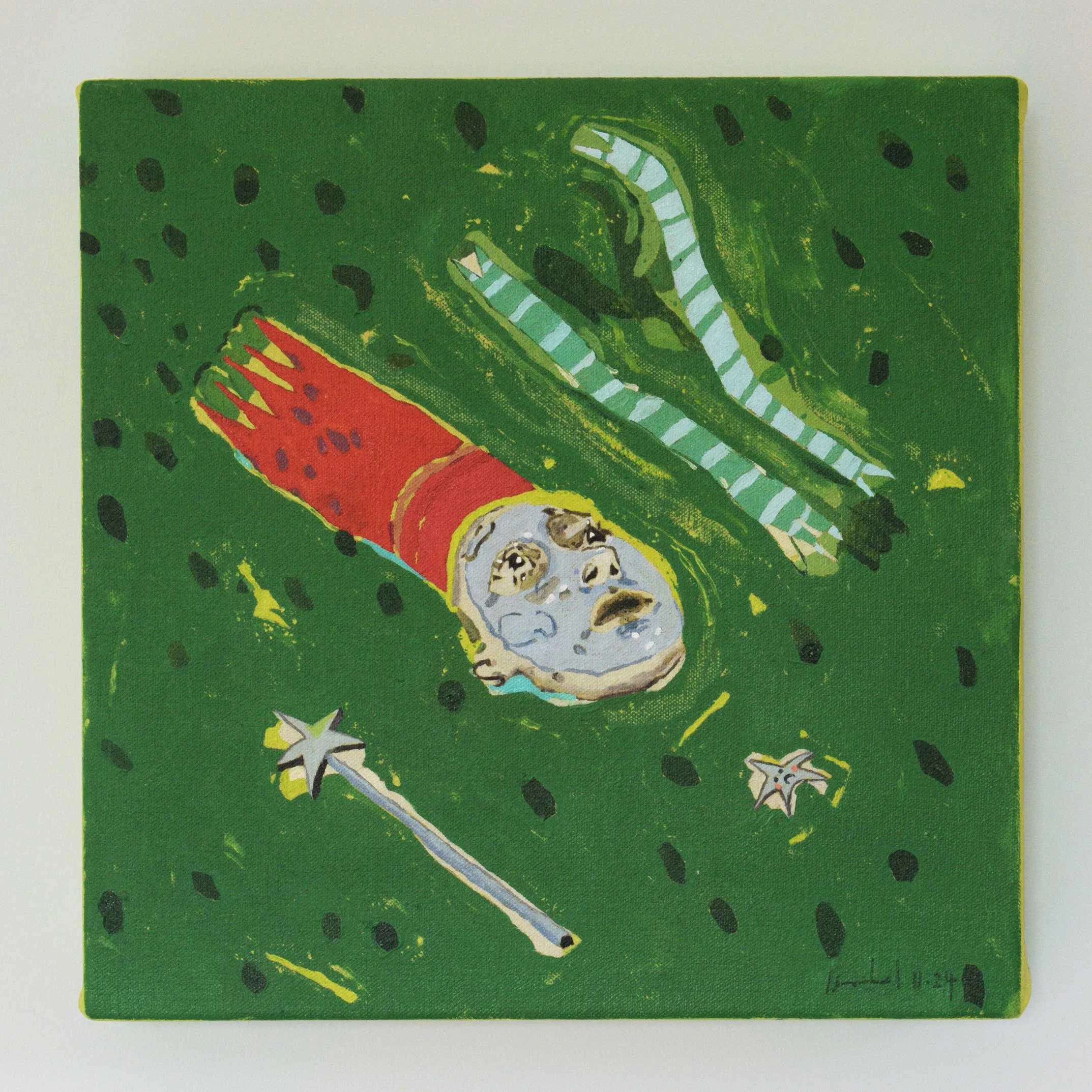 Works on canvas portfolio of artist, Isobel Hill. The 2024 oil painting titled, It’s just not the same anymore, features a face looking upwards in a red crown. Beside the figure are green and white striped scarfs a wand and a sad star.