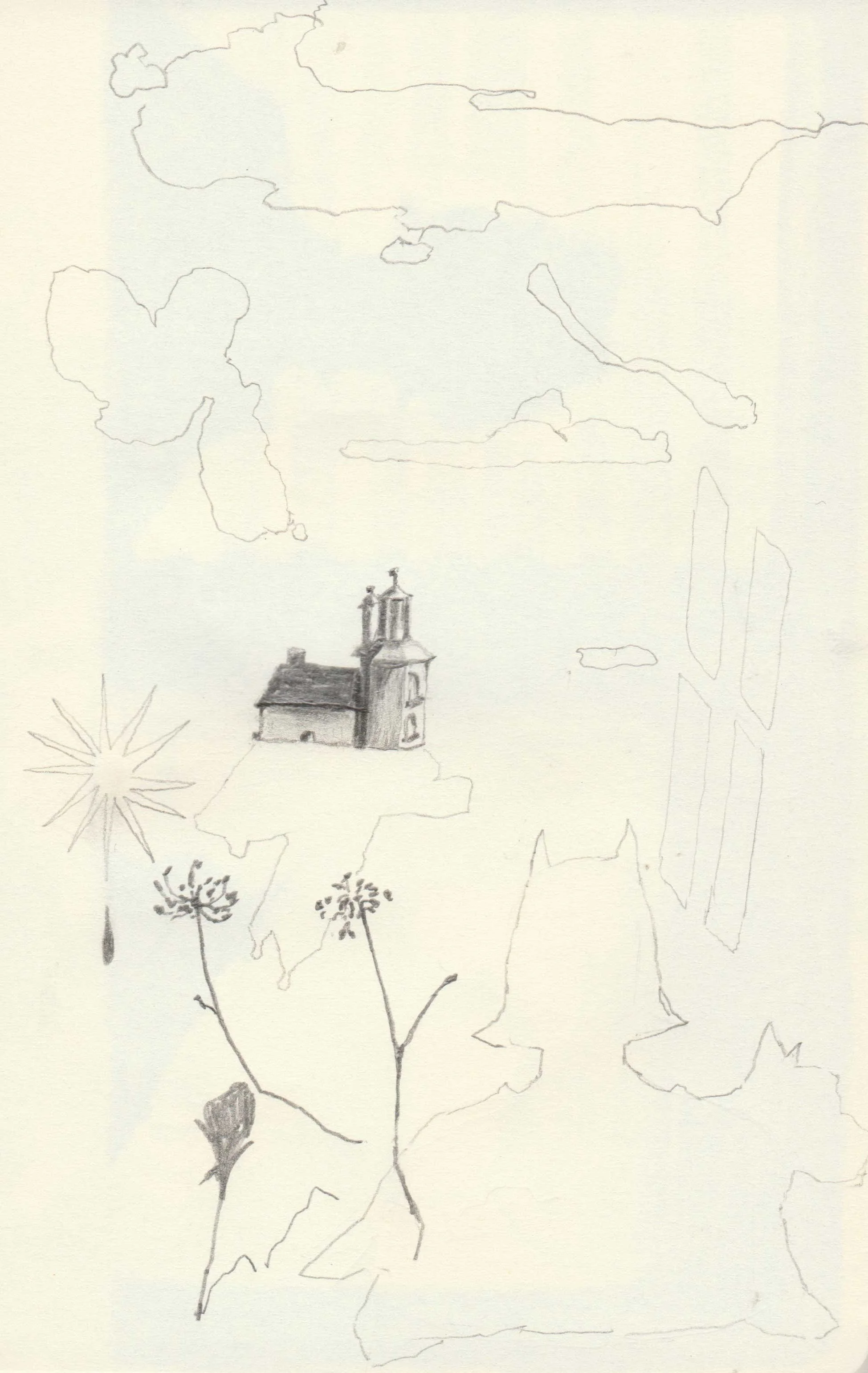 Works on paper portfolio of artist, Isobel Hill. Sketchbook drawing of a person holding a dog outline, a folly building, star and abstract line shapes.