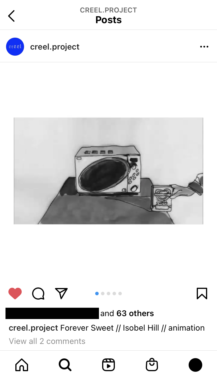 Screenshot from Creel online showcase and exhibition 'Hearth/Park', showing animation artwork Forever sweet, by artist Isobel Hill