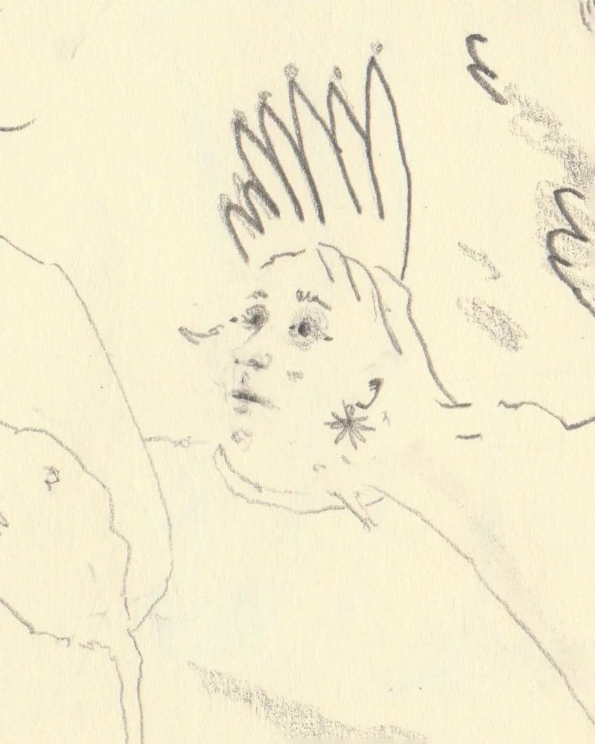 Sketchbook pencil drawing on off-white paper by artist, Isobel Hill. Woman in crown looks concerned and is surrounded by wiggly pencil lines.