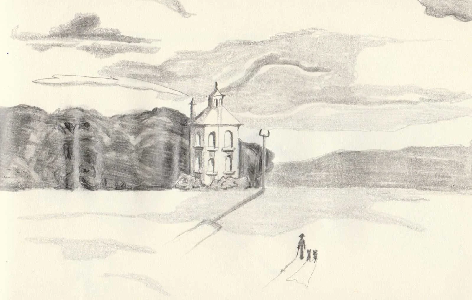 Works on paper portfolio of artist, Isobel Hill. Sketchbook drawing of a small folly building. In front of the building stands a figure next to two dogs. 