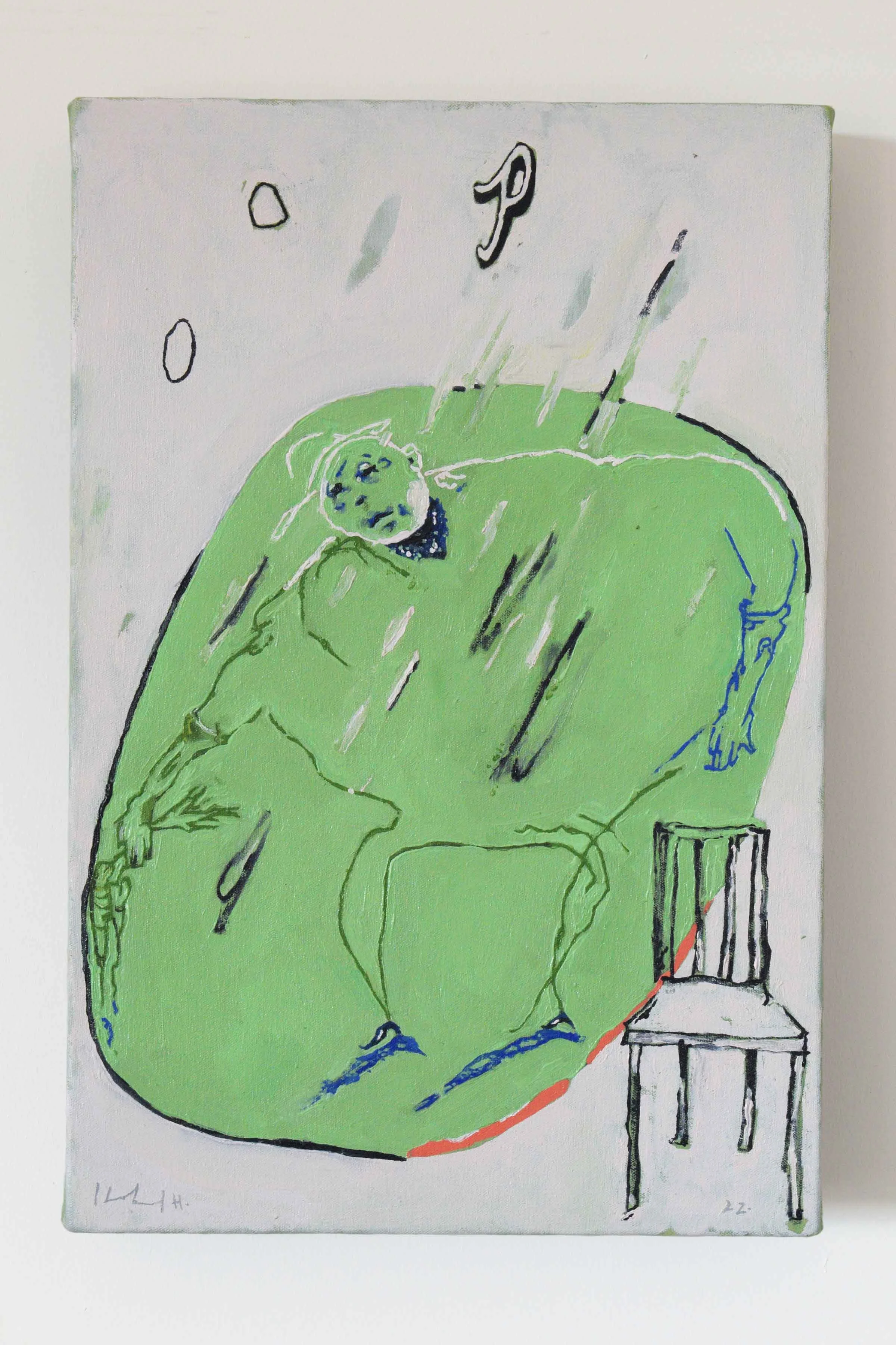 Original oil painting by artist, Isobel Hill. A central figure bends down beside a black chair to pick carrots from the ground.