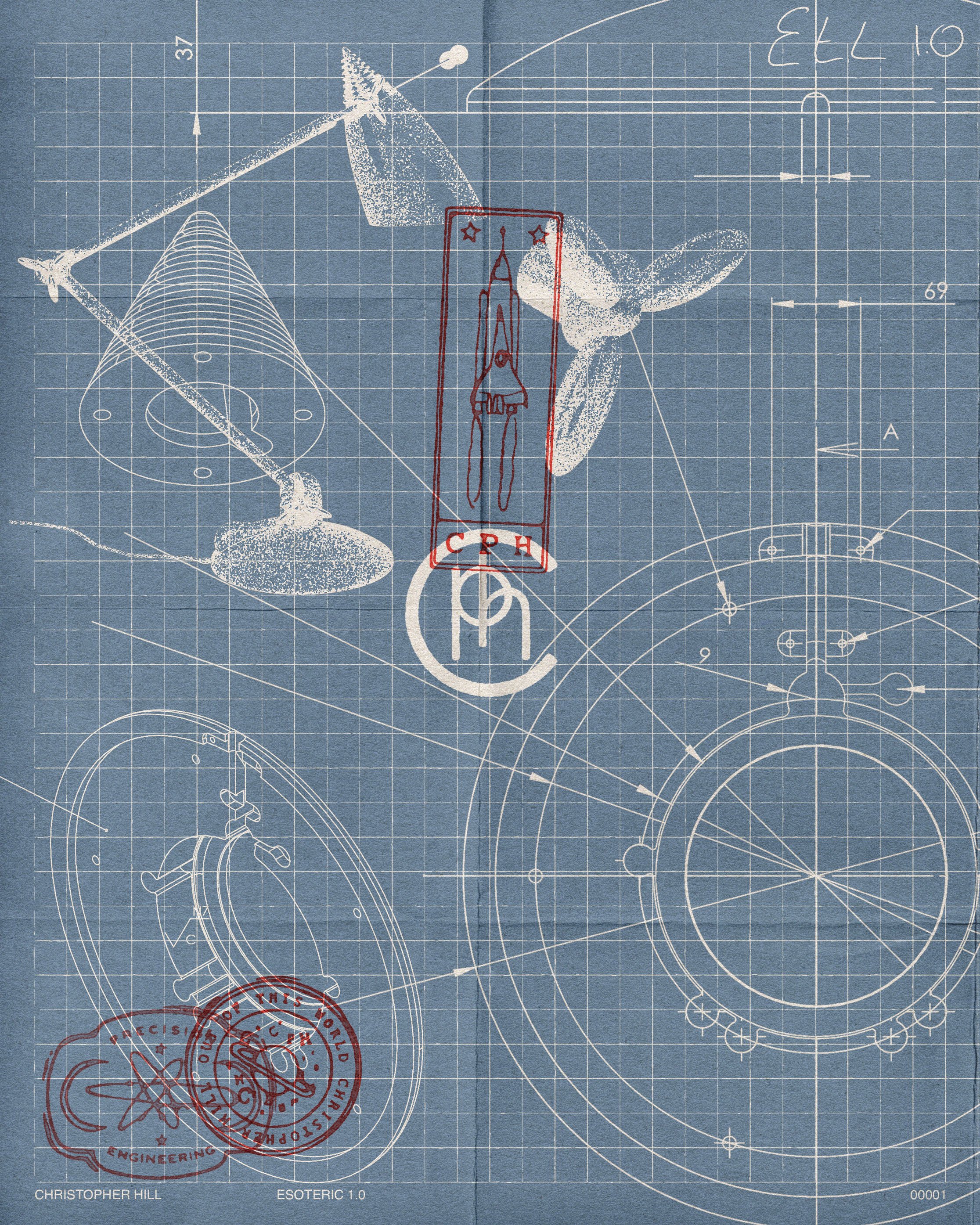 Illustrative poster by artist, Isobel Hill for designer & maker, Christopher Hill. Illustrations feature space inspired stamps, lamps and technical drawings.