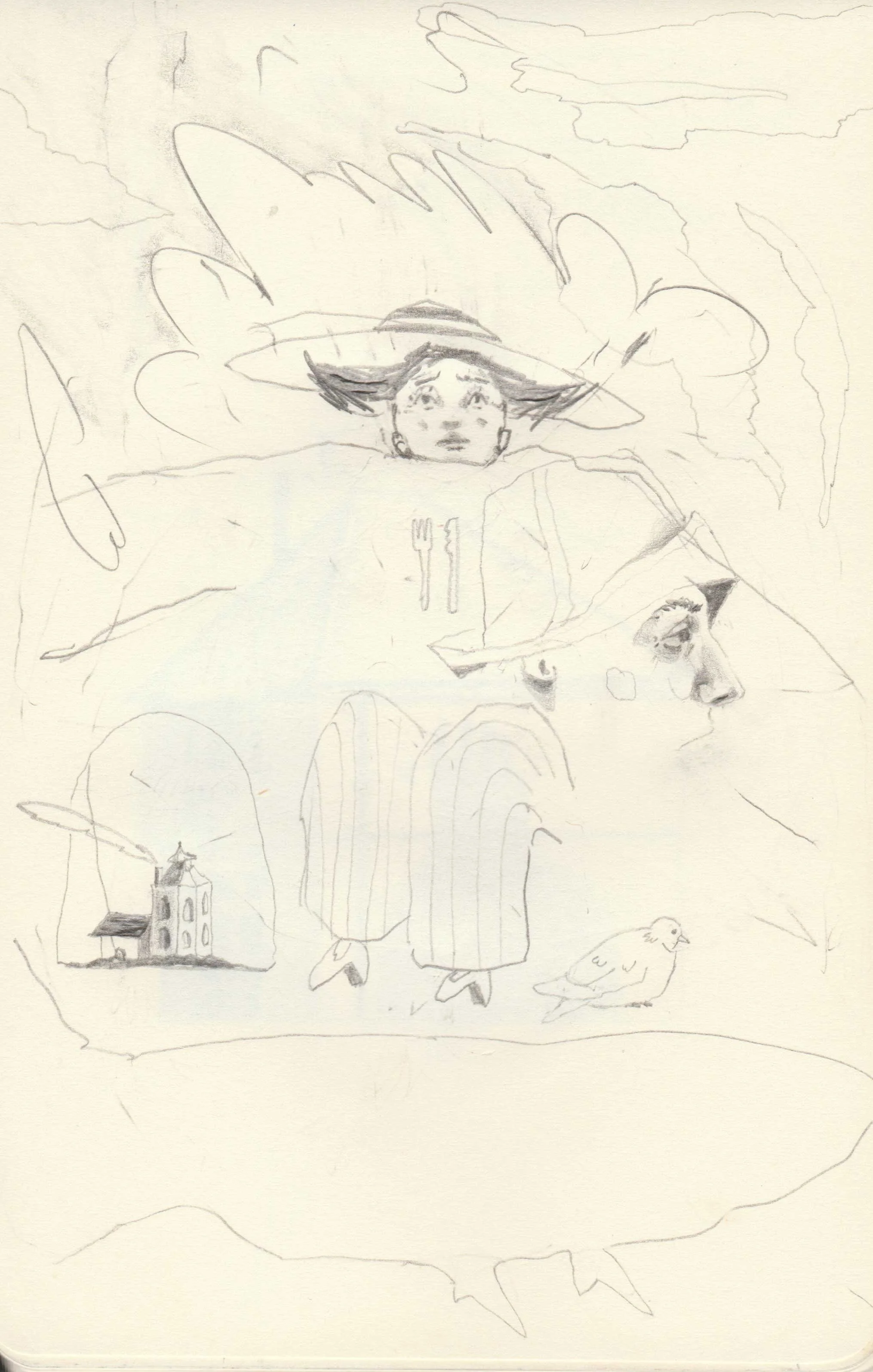 Works on paper portfolio of artist, Isobel Hill. Sketchbook drawing of a central figure jumping through abstract lines and shapes. A small building and a bird sits at their feet and on their chest is cutely and a ghostly face.