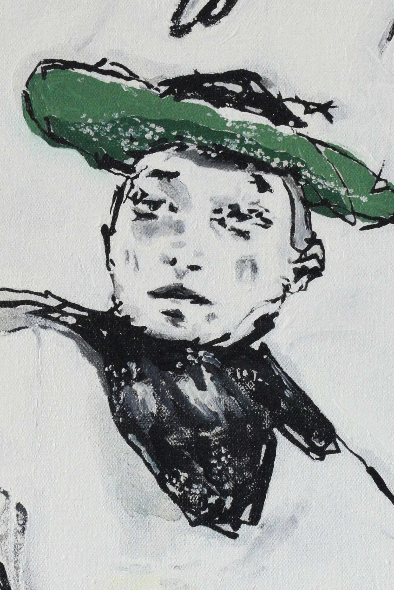 Details of original oil painting by artist, Isobel Hill. Figure wearing a green brimmed hat looks to the side.