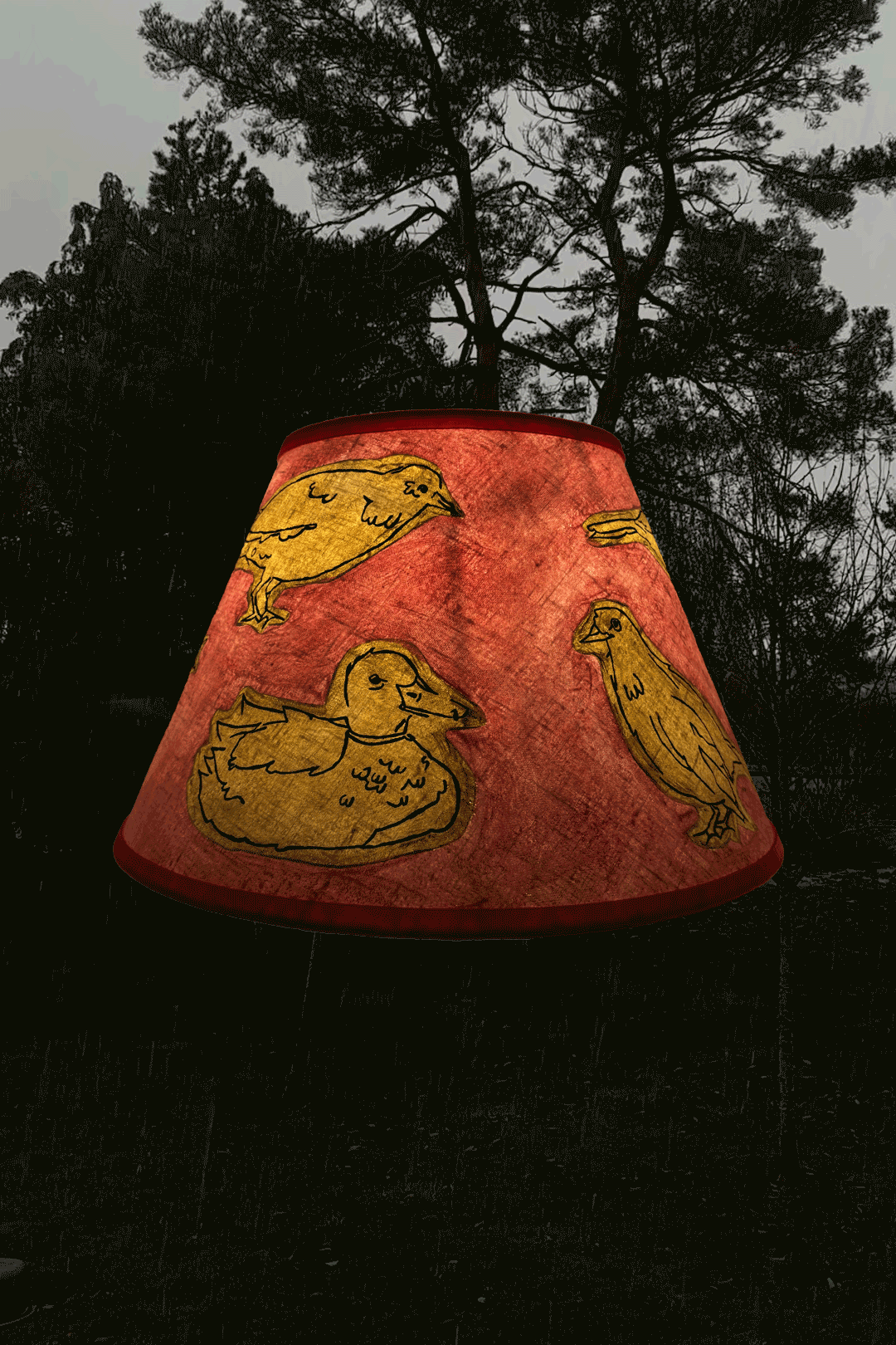 Creatures linen lampshade by artist, Isobel Hill. Lamp is rotating whilst glowing, snow falls in the background.