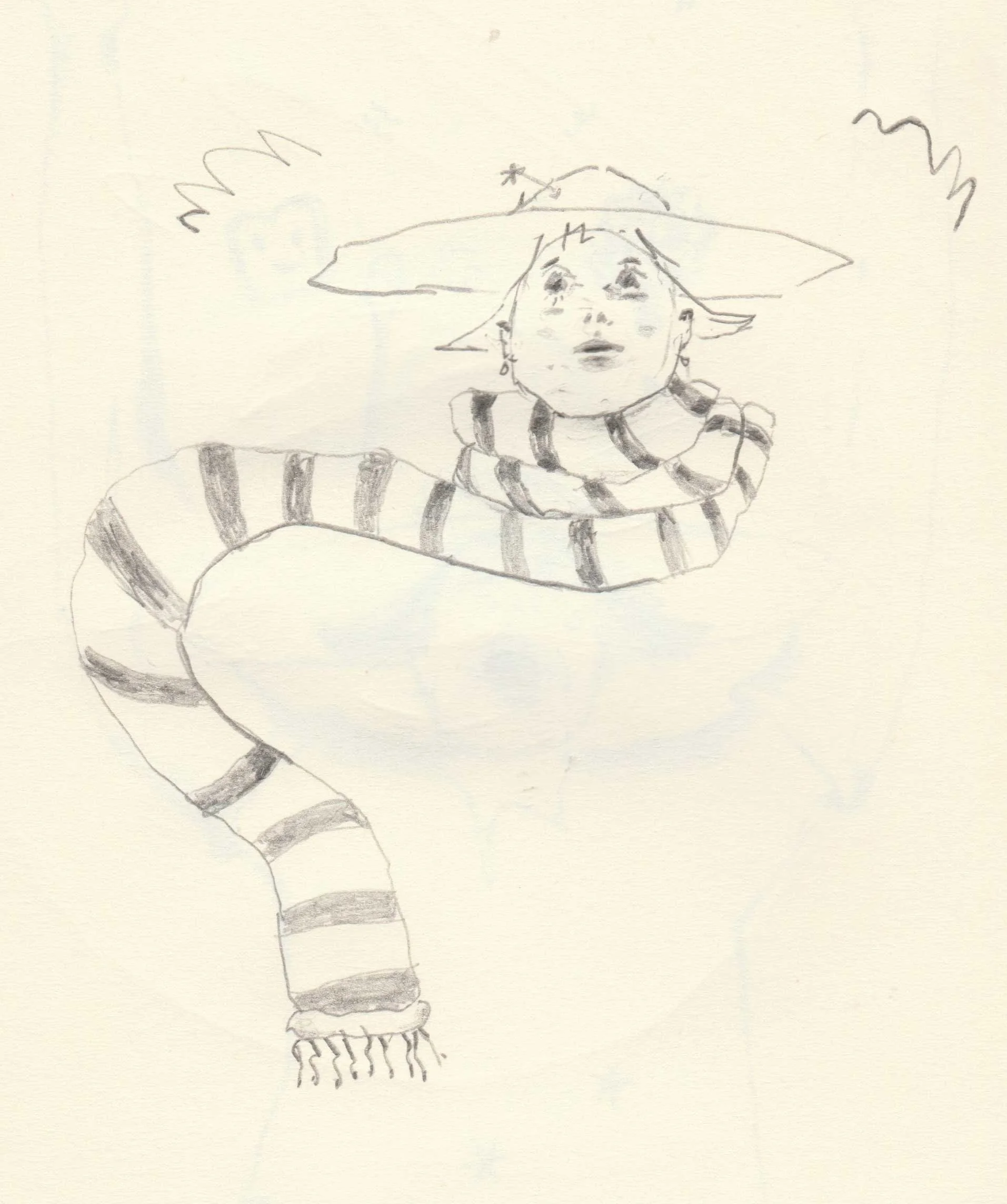 Works on paper portfolio of artist, Isobel Hill. Sketchbook drawing of a person wearing a striped scarf and wearing a brimmed hat.