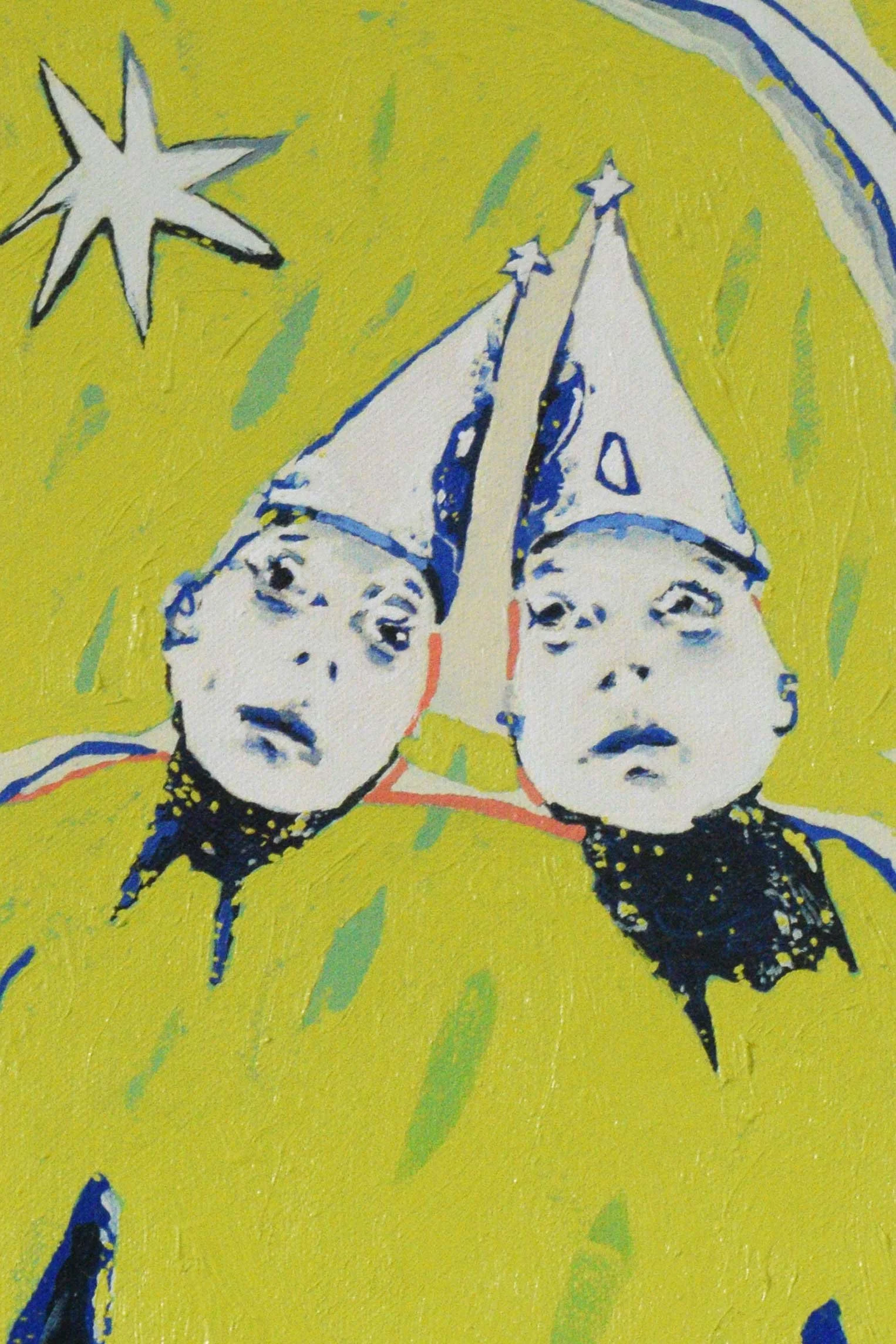 Details of original oil painting by artist, Isobel Hill. Two figures wearing pointed hats.
