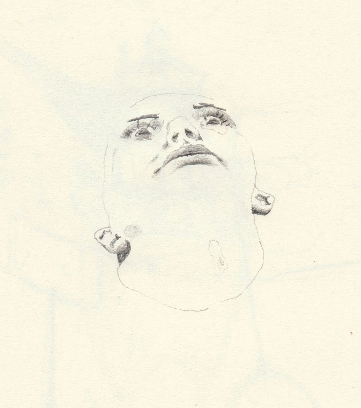 Works on paper portfolio of artist, Isobel Hill. Sketchbook drawing of a startled face looking upwards.