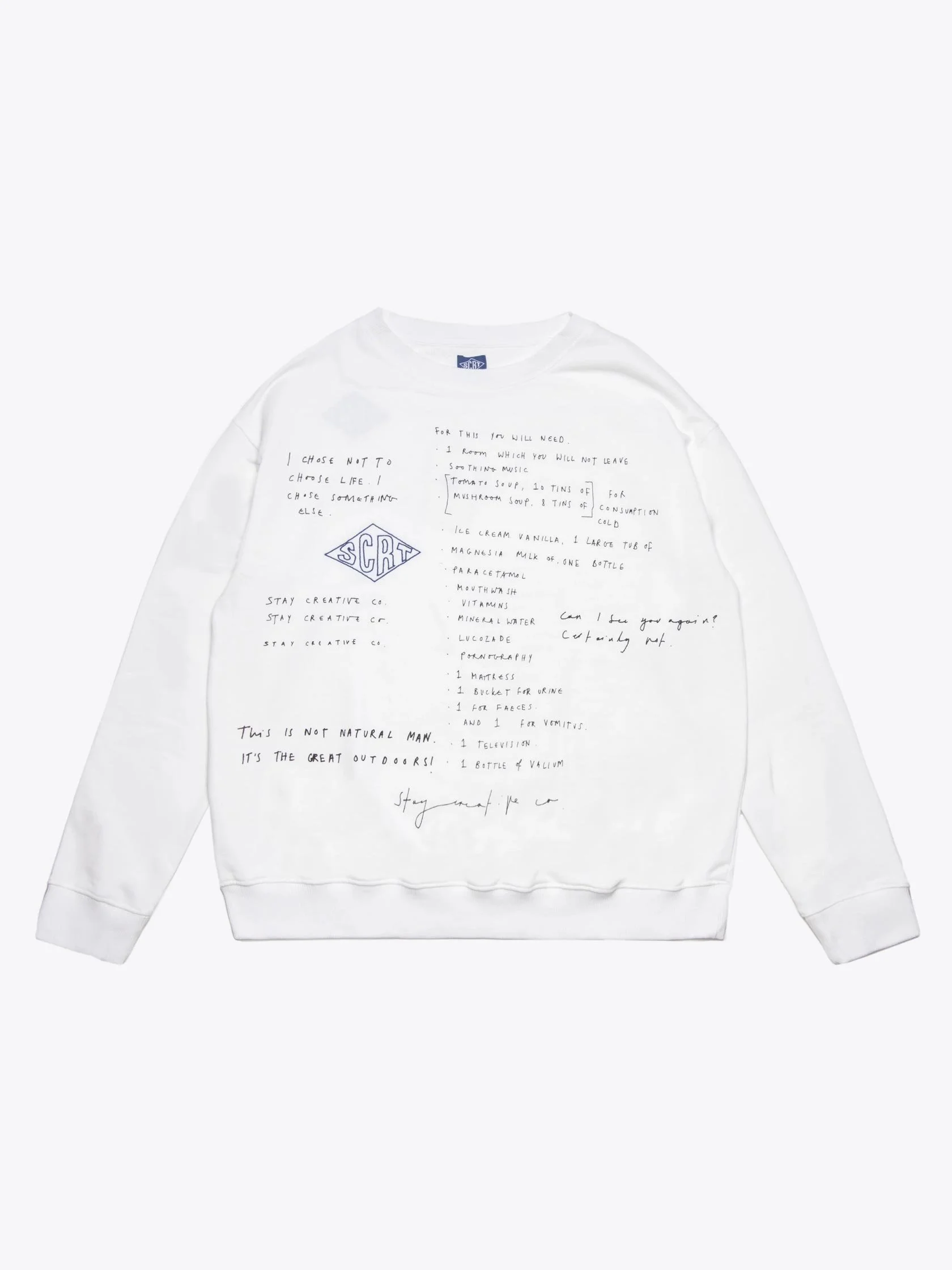 SCRT x Isobel Hill collaboration for SS22 Trainspotting collection, white sweatshirt front has Isobel’s handwriting over entire garment and SCRT logo