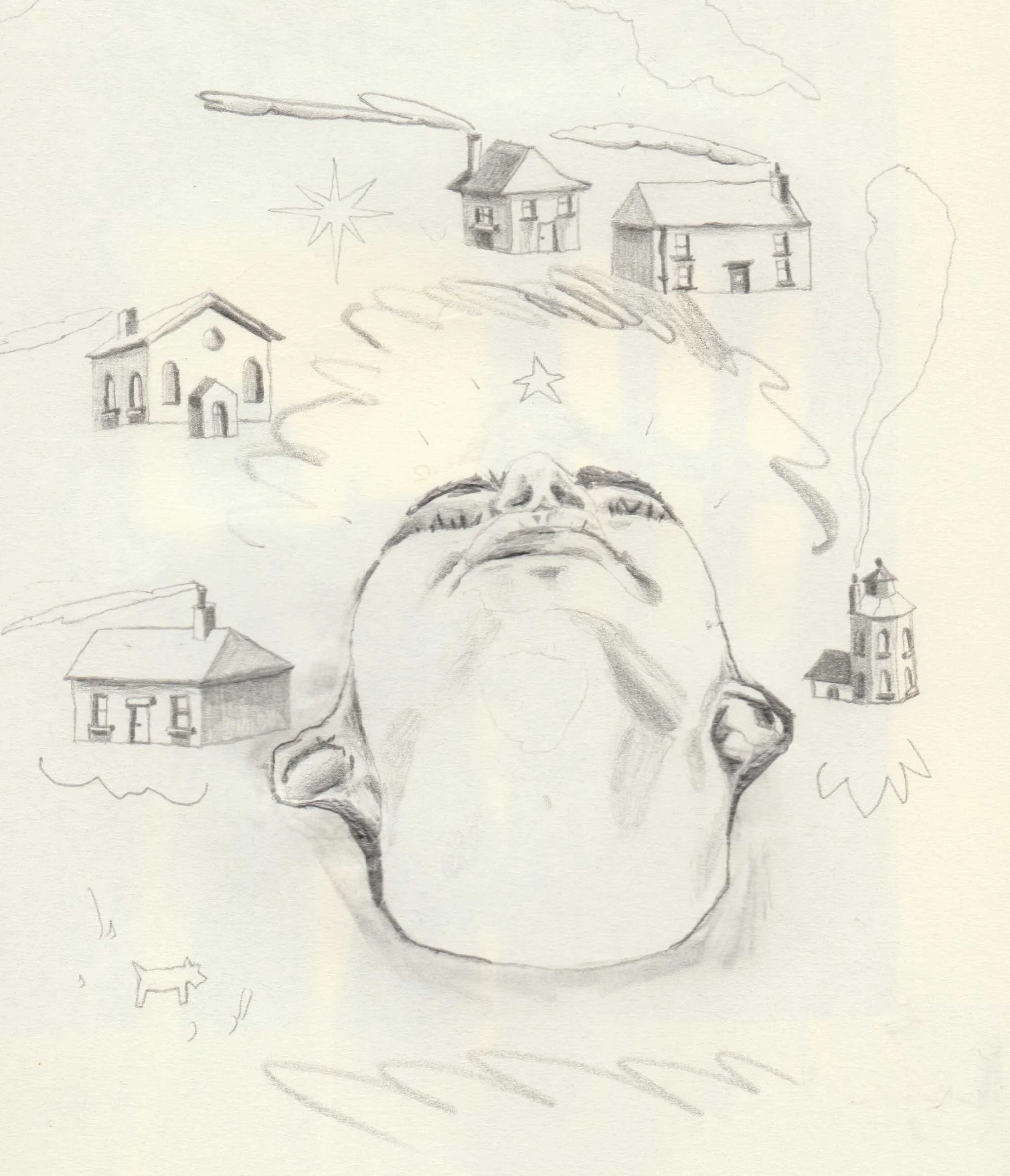 Works on paper portfolio of artist, Isobel Hill. Sketchbook drawing of a face looking upwards as they are surrounded by several small buildings. 