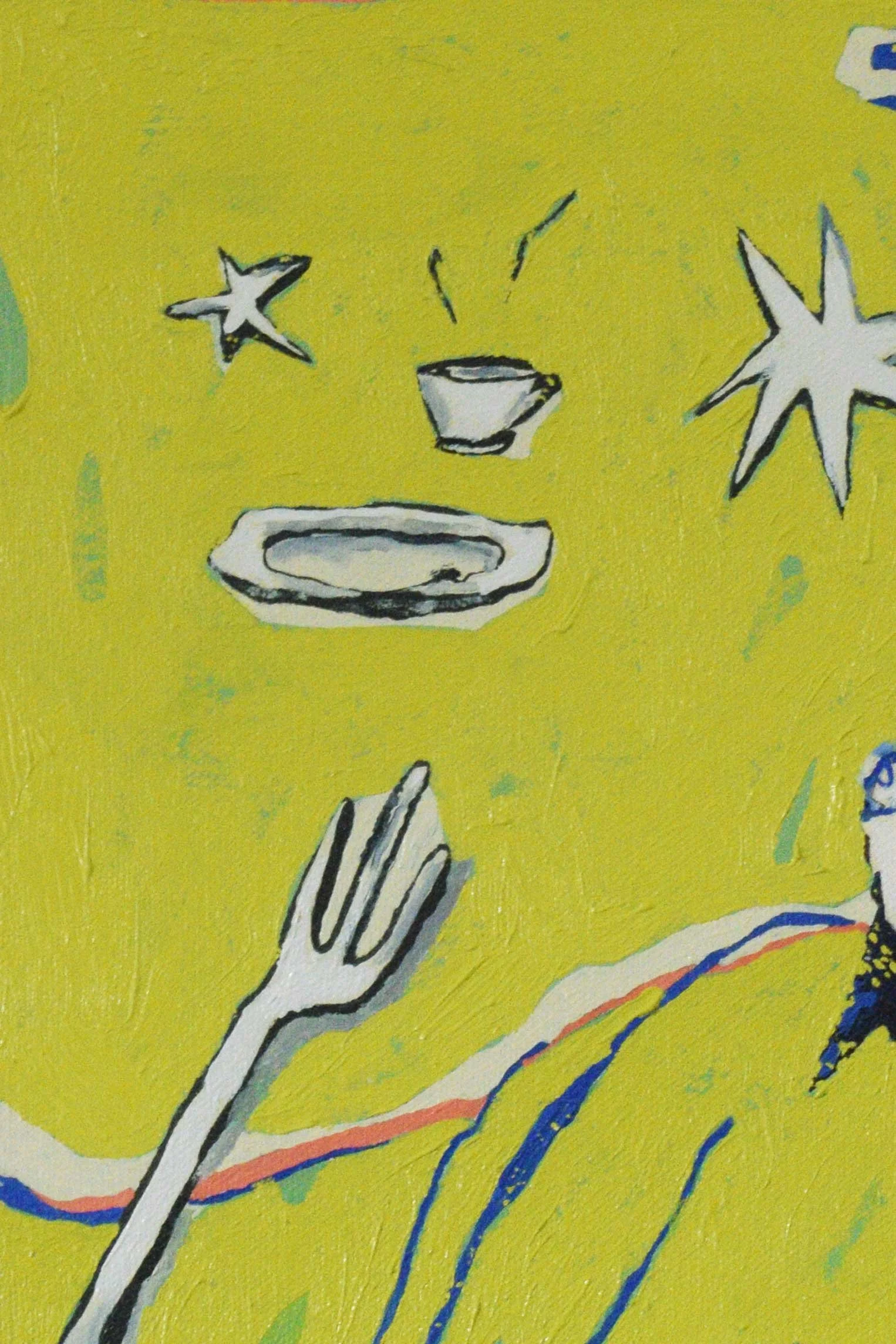 Details of original oil painting, Pear, by artist, Isobel Hill. Teacup sits beside plate, stars and a pitchfork.