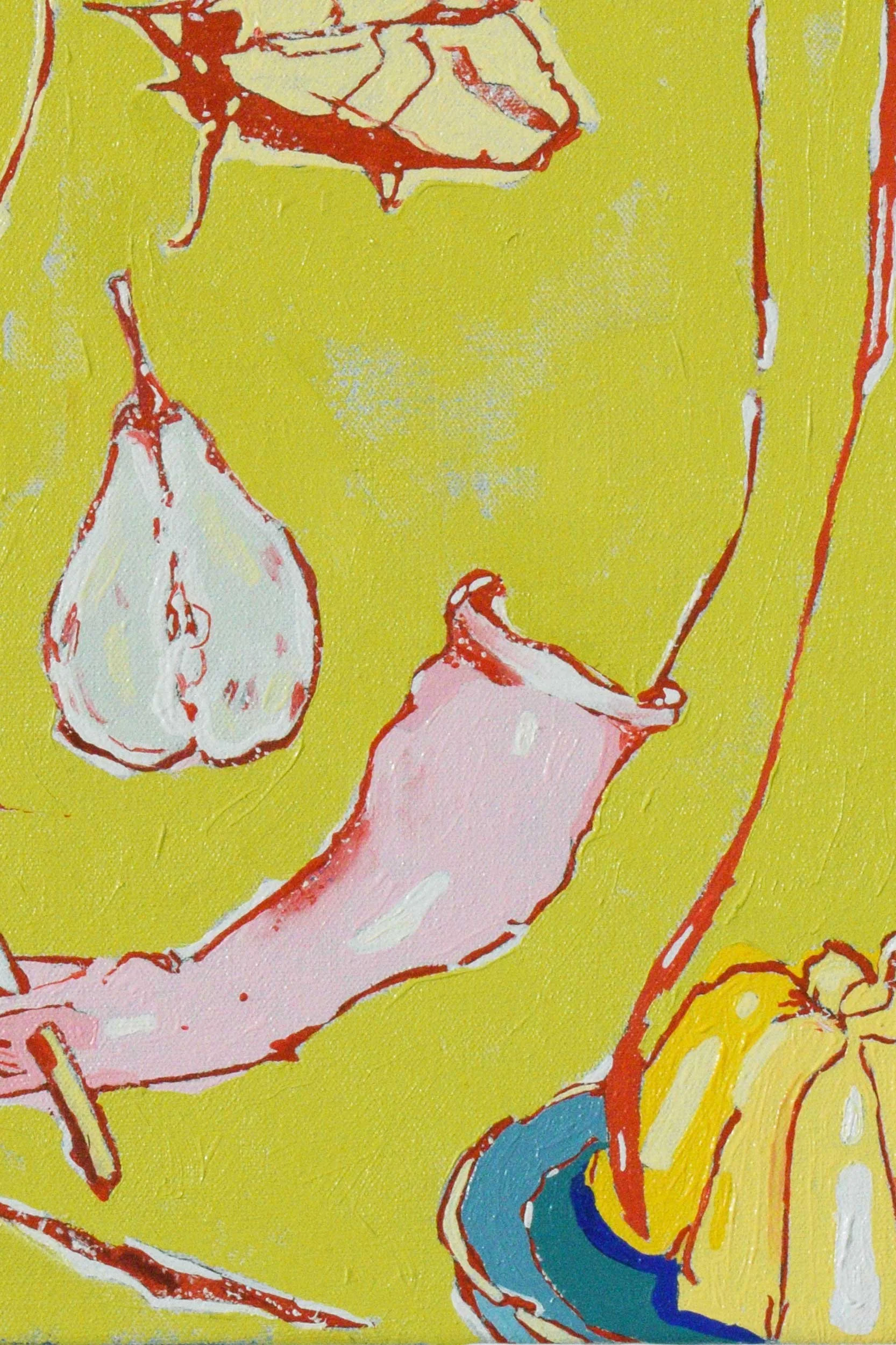 Details of original oil painting, A green moth came to tea, by artist, Isobel Hill. Pink glove sits beside a sliced half pear and a yellow and red moth.