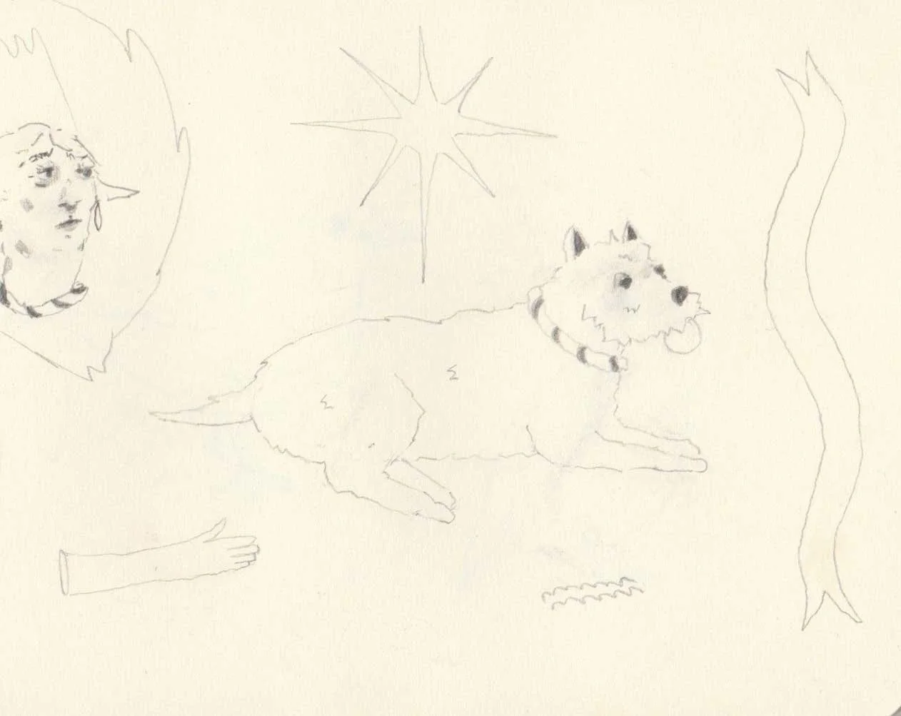 Works on paper portfolio of artist, Isobel Hill. Sketchbook drawing of a Westie dog laying down. Beside the dog are faces and a star.