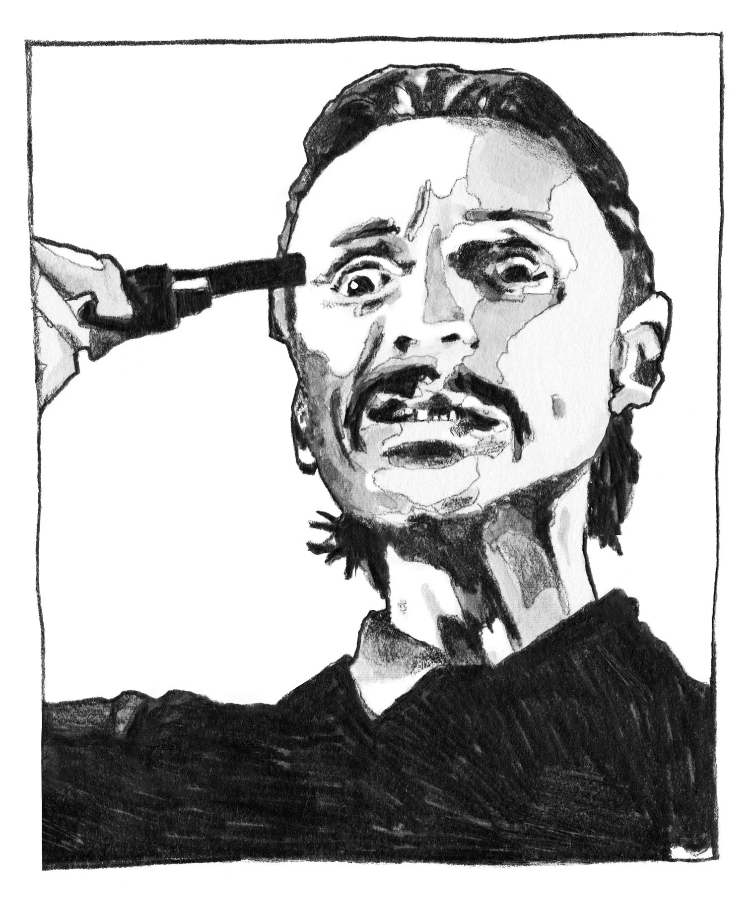Trainspotting SCRT collaboration with artist Isobel Hill for SS22. Pencil and watercolour drawing of Begbie pointed a gun to his head