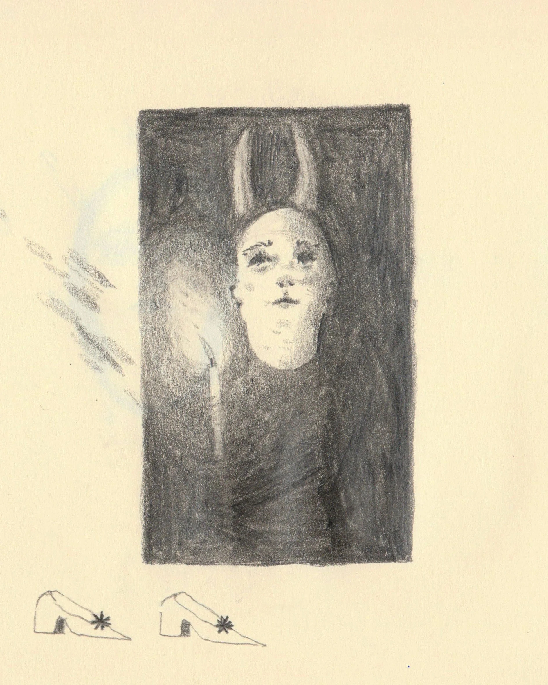 Sketchbook pencil drawing on off-white paper by artist, Isobel Hill. Floating head with horns sits beside candle light. Beneath are a pair of heeled shoes.