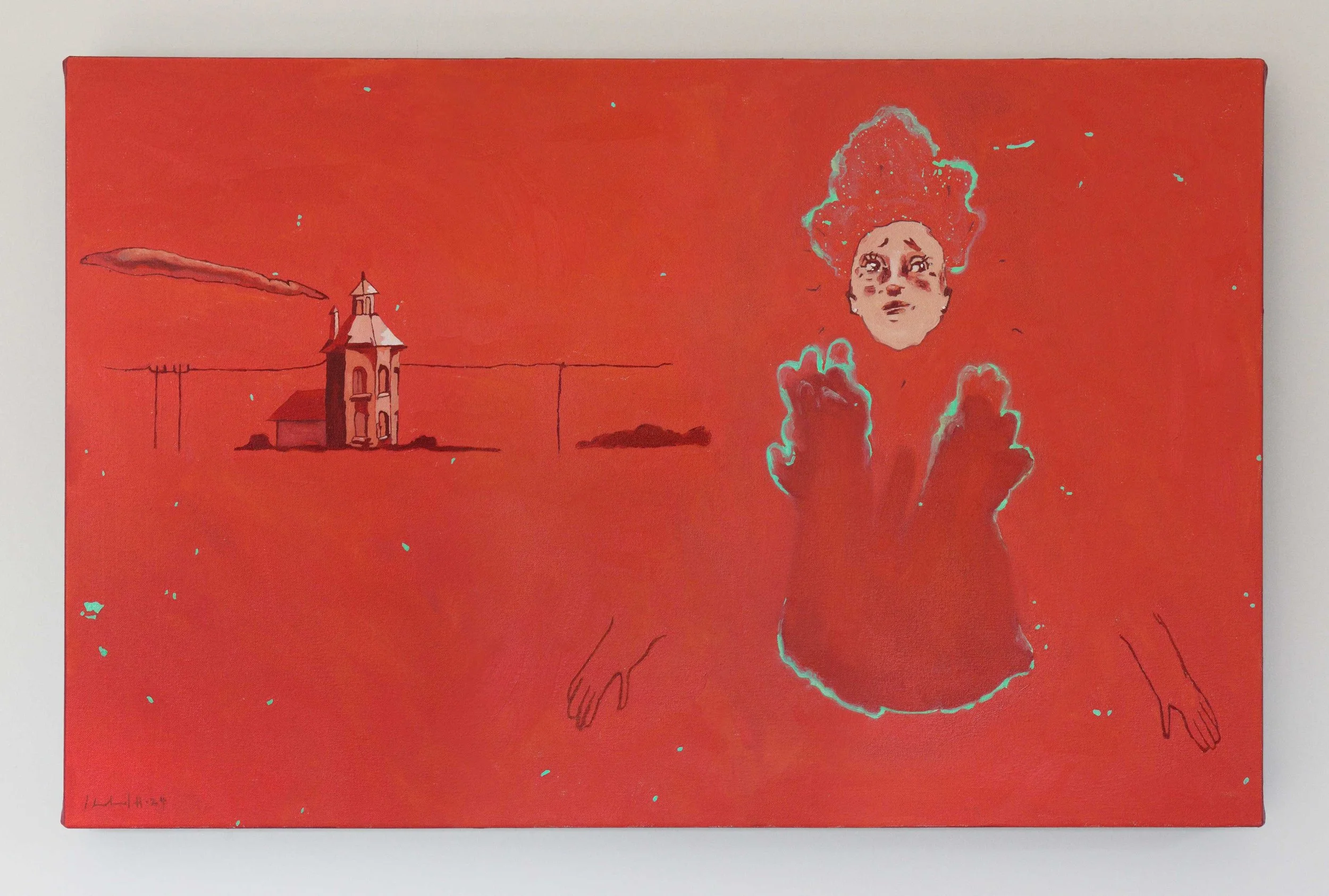 Works on canvas portfolio of artist, Isobel Hill. 2024 oil painting titled, Where are you? Of a figure looking concerned on a red background. Figure has green, glowy hair and they are next to a little folly building. 