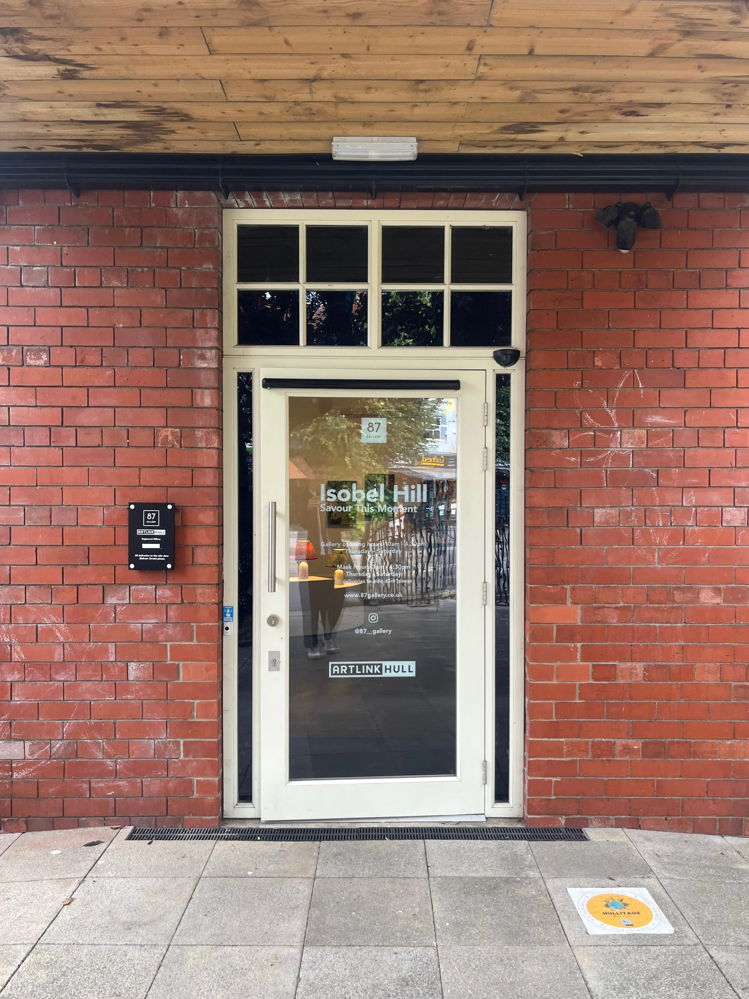 Isobel Hill, Savour This Moment, decal on the gallery front door for her debut solo exhibition.