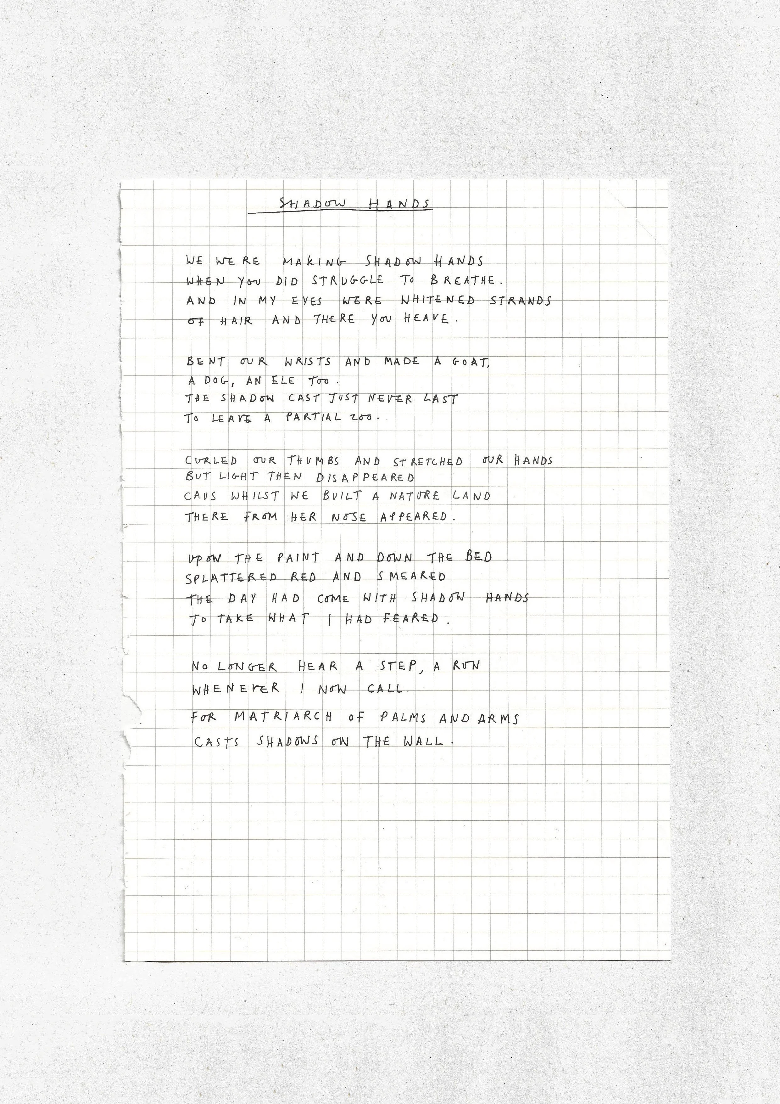 Poem by artist, Isobel Hill, titled Shadow hands. Poem reads 'We were making shadow hands when you did struggle to breathe...'