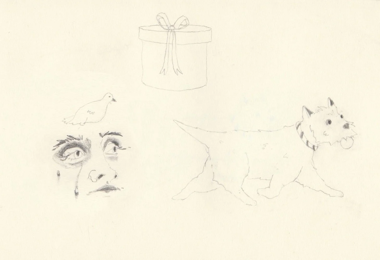 Works on paper portfolio of artist, Isobel Hill. Sketchbook drawing of a Westie trotting with a ball, a crying face, small bird and box with a bow on it.