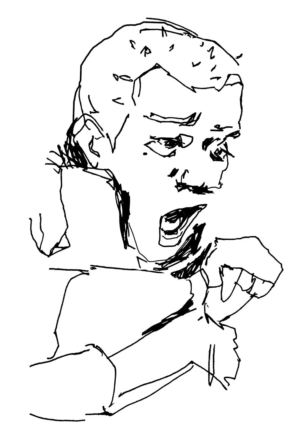 Line drawing by Isobel Hill for SCRT Trainspotting collection of Renton climbing out of a toilet