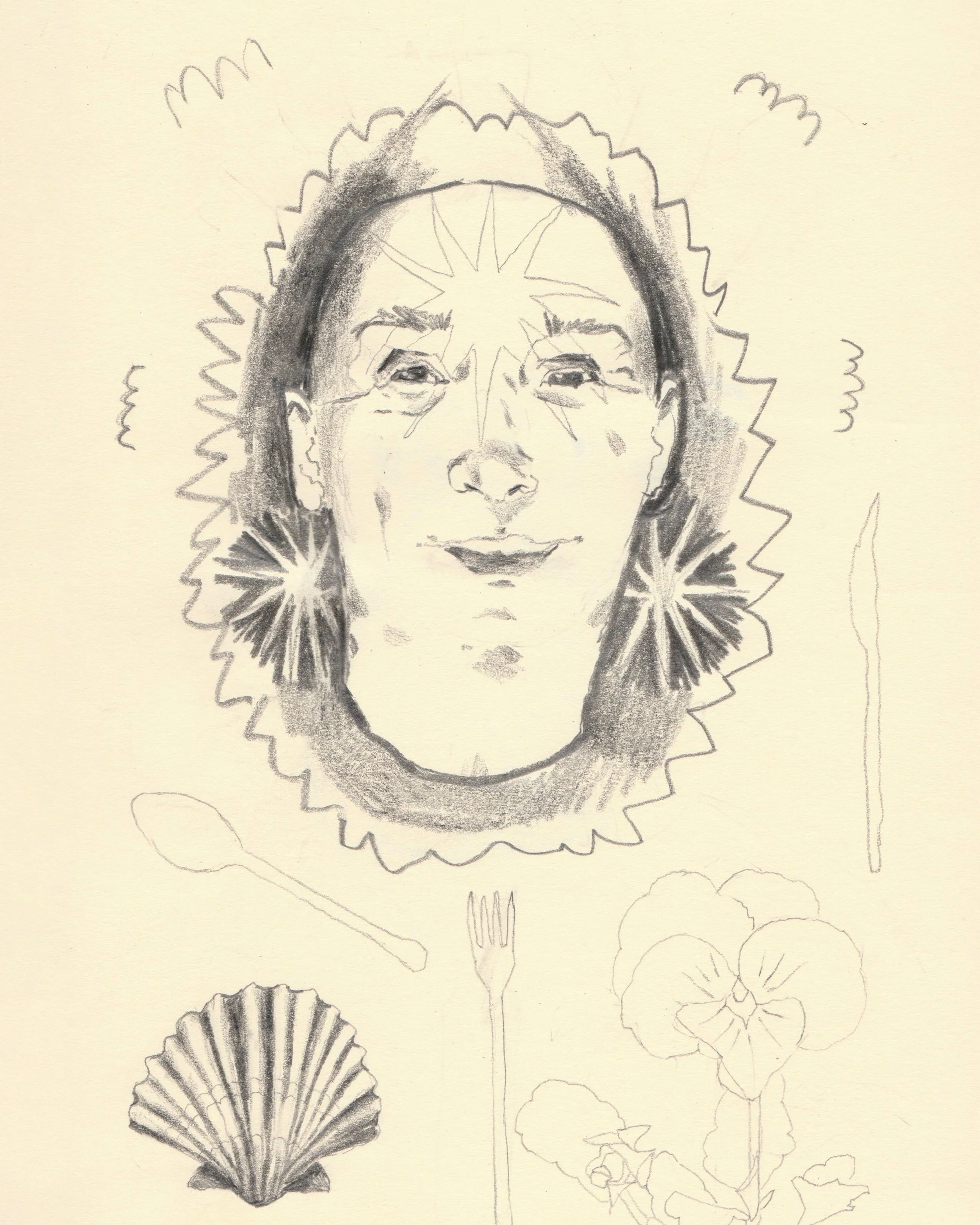 Sketchbook pencil drawing on off-white paper by artist, Isobel Hill. Face with star on looks towards you. Beneath face is a shell and pansy.