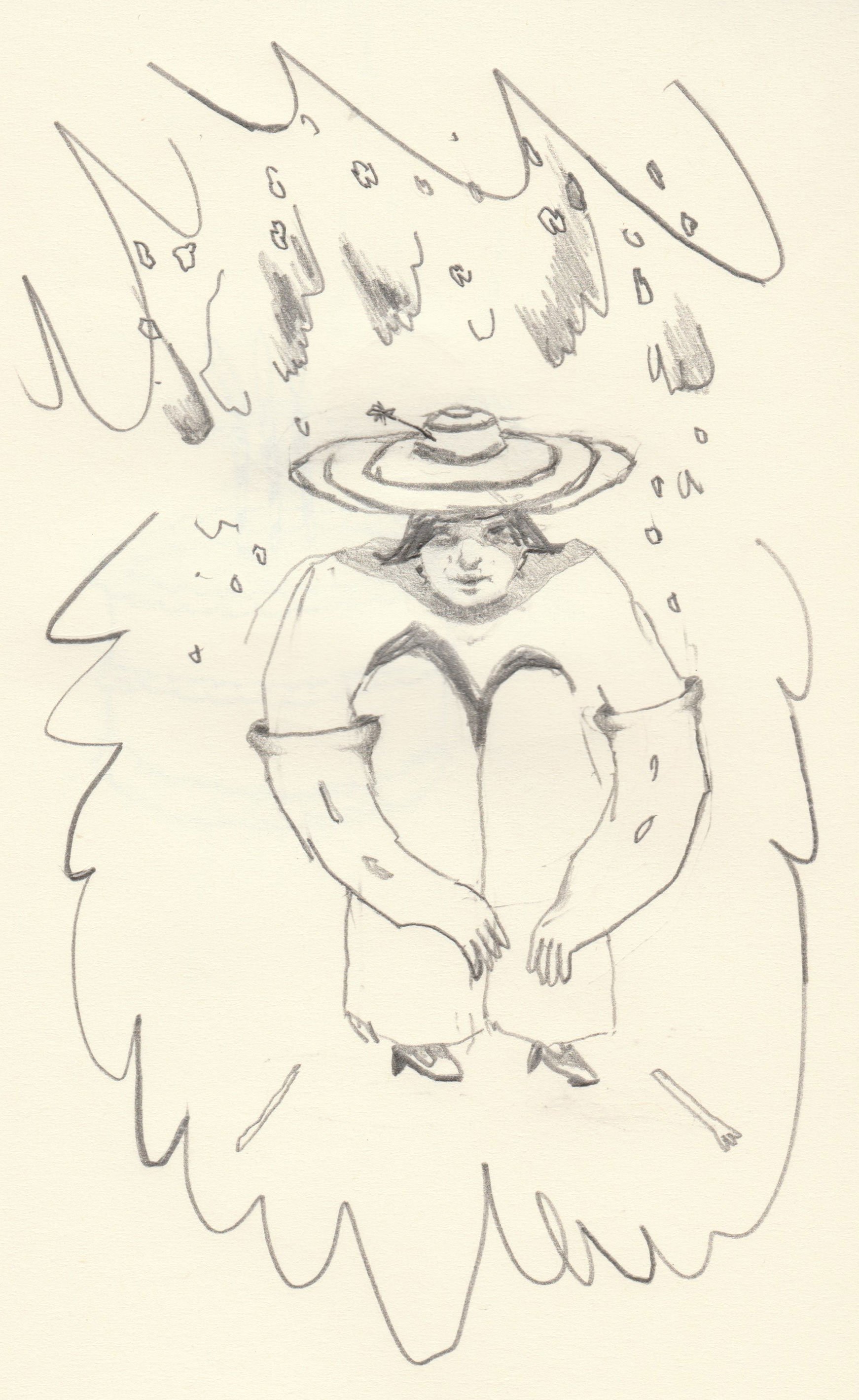 Works on paper portfolio of artist, Isobel Hill. Sketchbook drawing of a person crouching beneath a rain cloud. Figure wears little heeled shoes and a striped brimmed hat.
