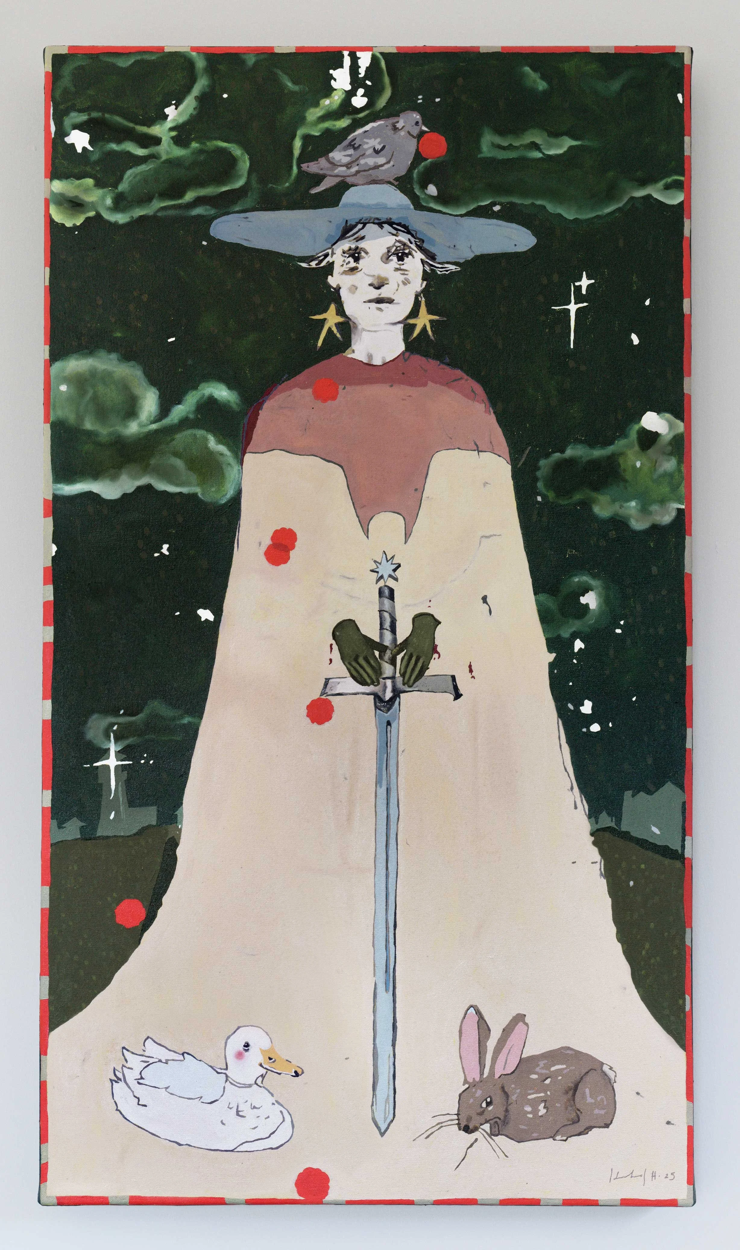 Works on canvas portfolio of artist, Isobel Hill. The 2025 oil painting titled, Guardian, features a central person in a hat holding a sword. At their feet is a hare and duck. Surrounding them is green cloudy sky, rain and a lighthouse.