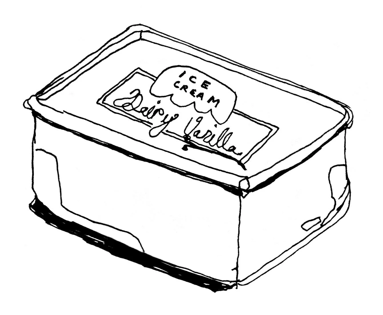 Pen line drawing of vanilla ice cream tub for SCRT Trainspotting SS22 collaboration with artist Isobel Hill