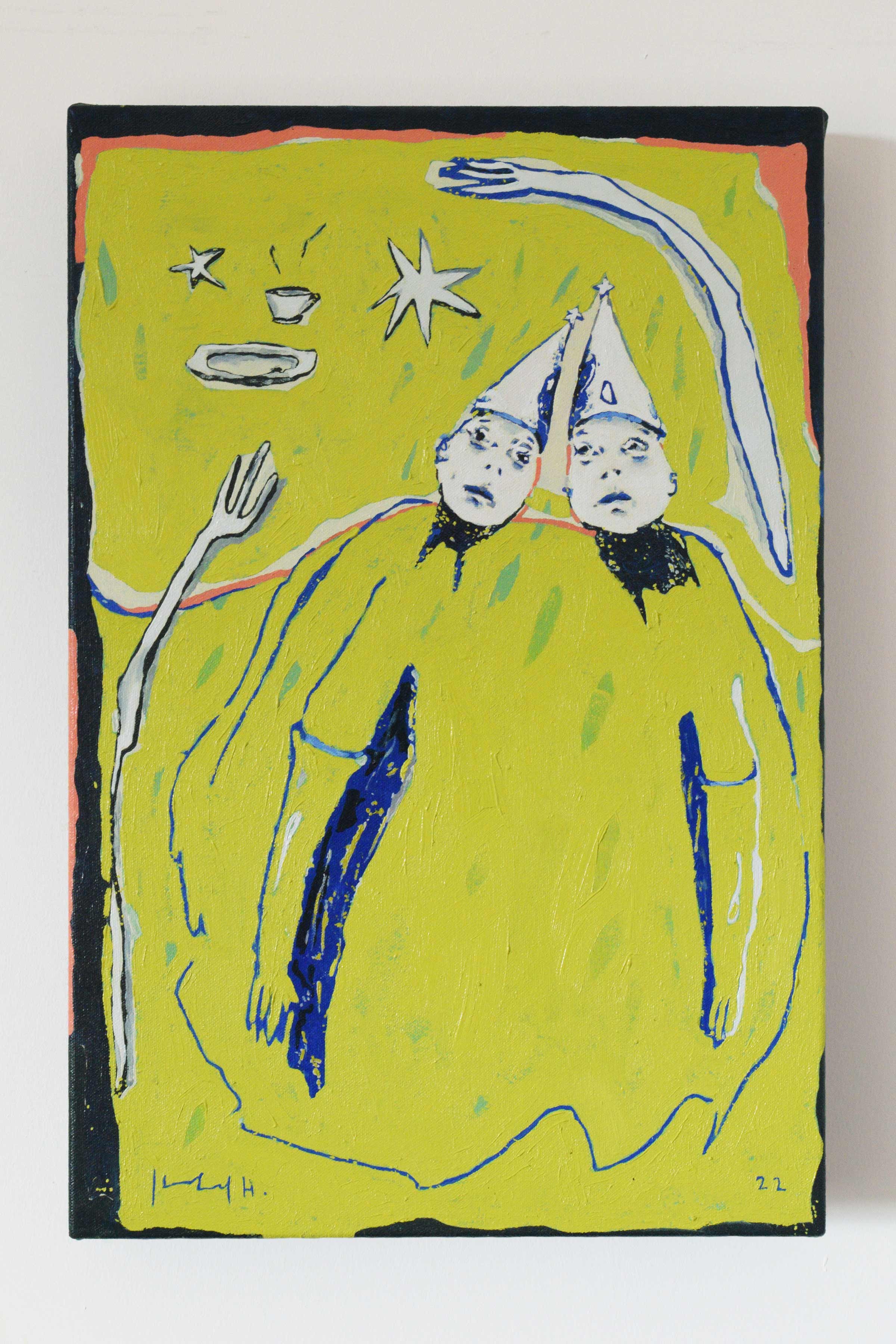 Original oil painting by artist, Isobel Hill. Two figures lay beside one another in pointed little hats. Colours are blue, green and yellow.