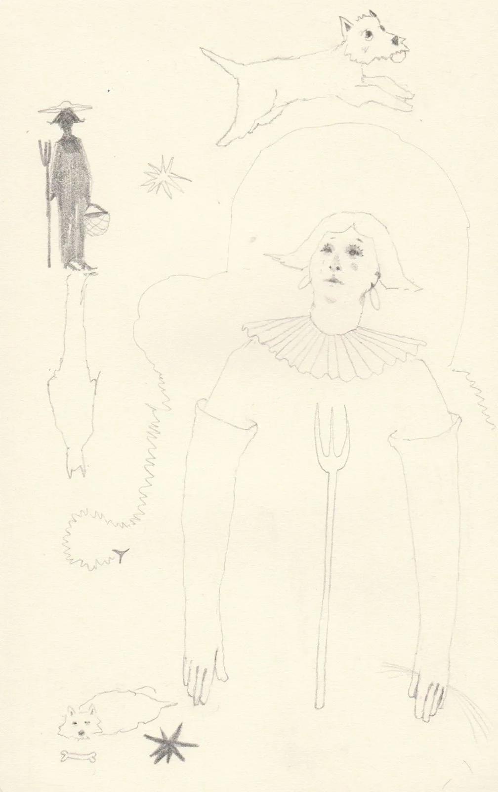 Works on paper portfolio of artist, Isobel Hill. Sketchbook drawing of a person behind a pitchfork, surrounding them is a leaping dog and a mysterious figure in a brimmed hat.