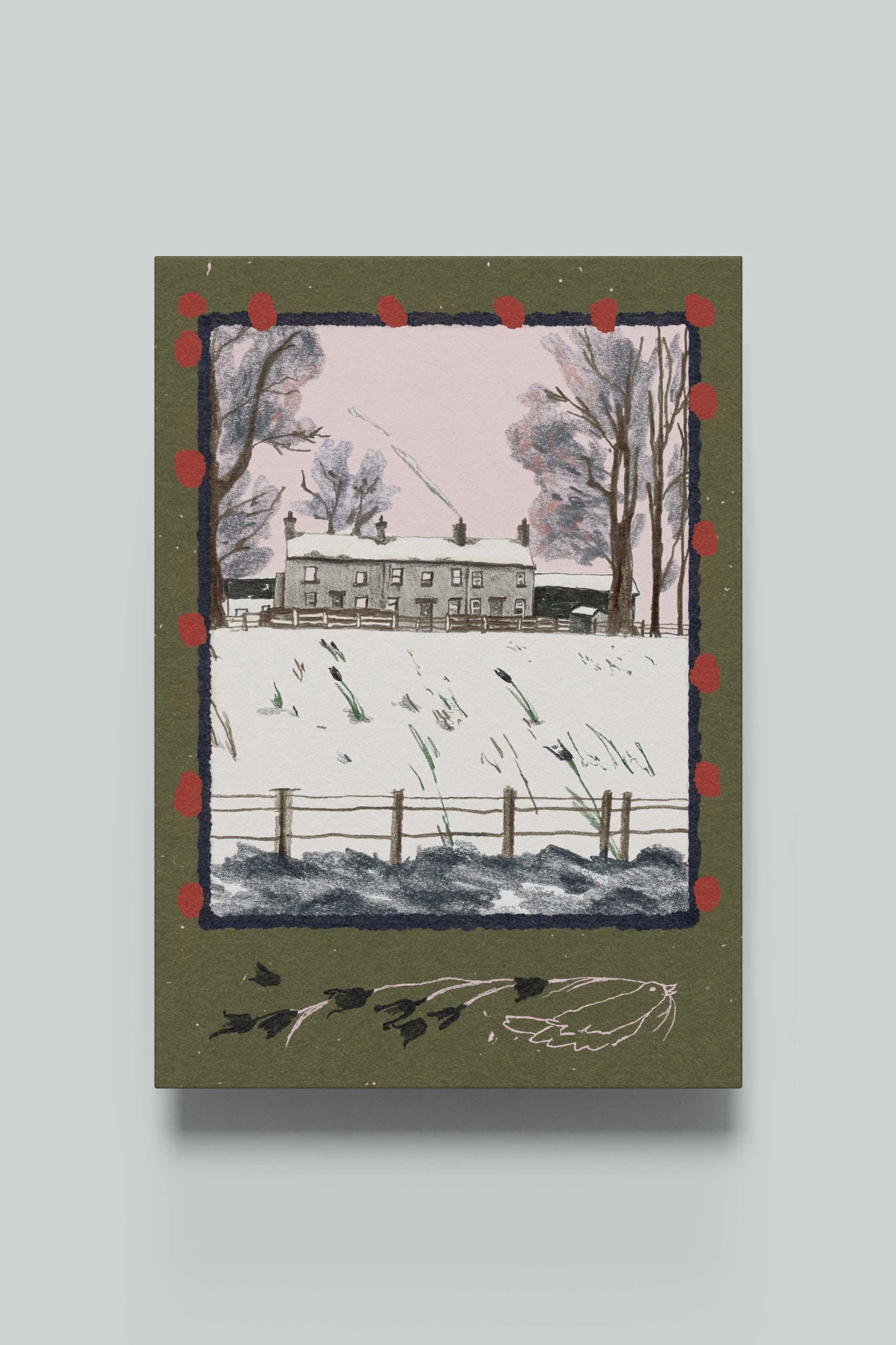 Greetings card by artist, Isobel. Terraced houses sit infront of a pink sky, whilst a pink bird flies with a bunch of black tulips. Colours are pink, olive, red, black and navy.