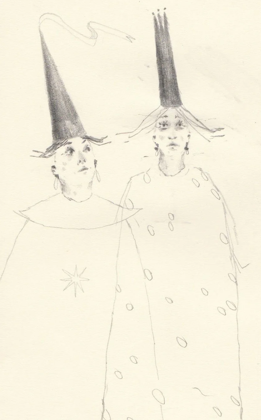 Works on paper portfolio of artist, Isobel Hill. Sketchbook drawing of two figures in long outfits and whimsical hats. Figures looked concerned.