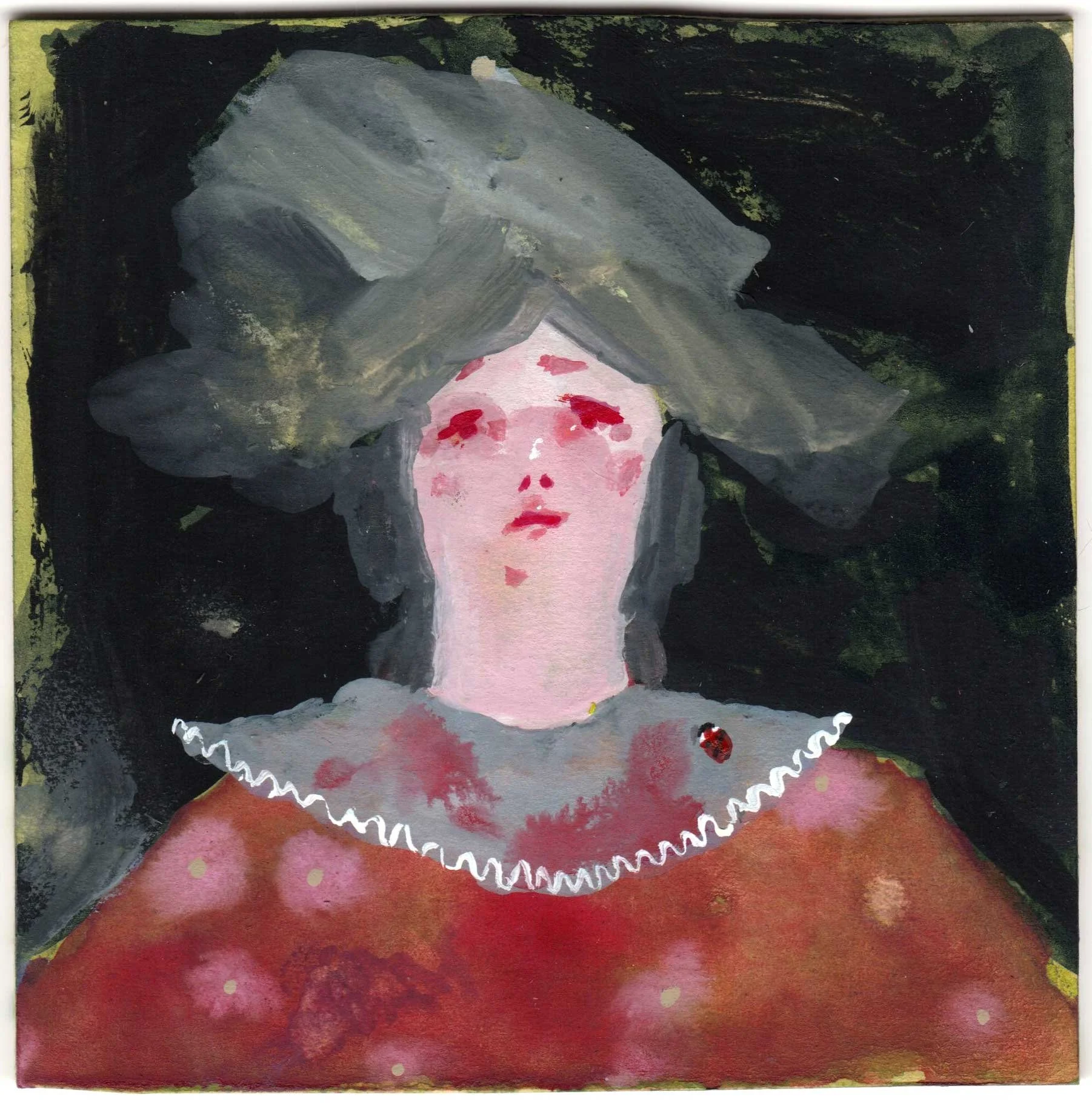 Works on paper portfolio of artist, Isobel Hill. 2026 gouache, watercolour & ink painting on board, featuring a central figure and dark background, with a little ladybird.