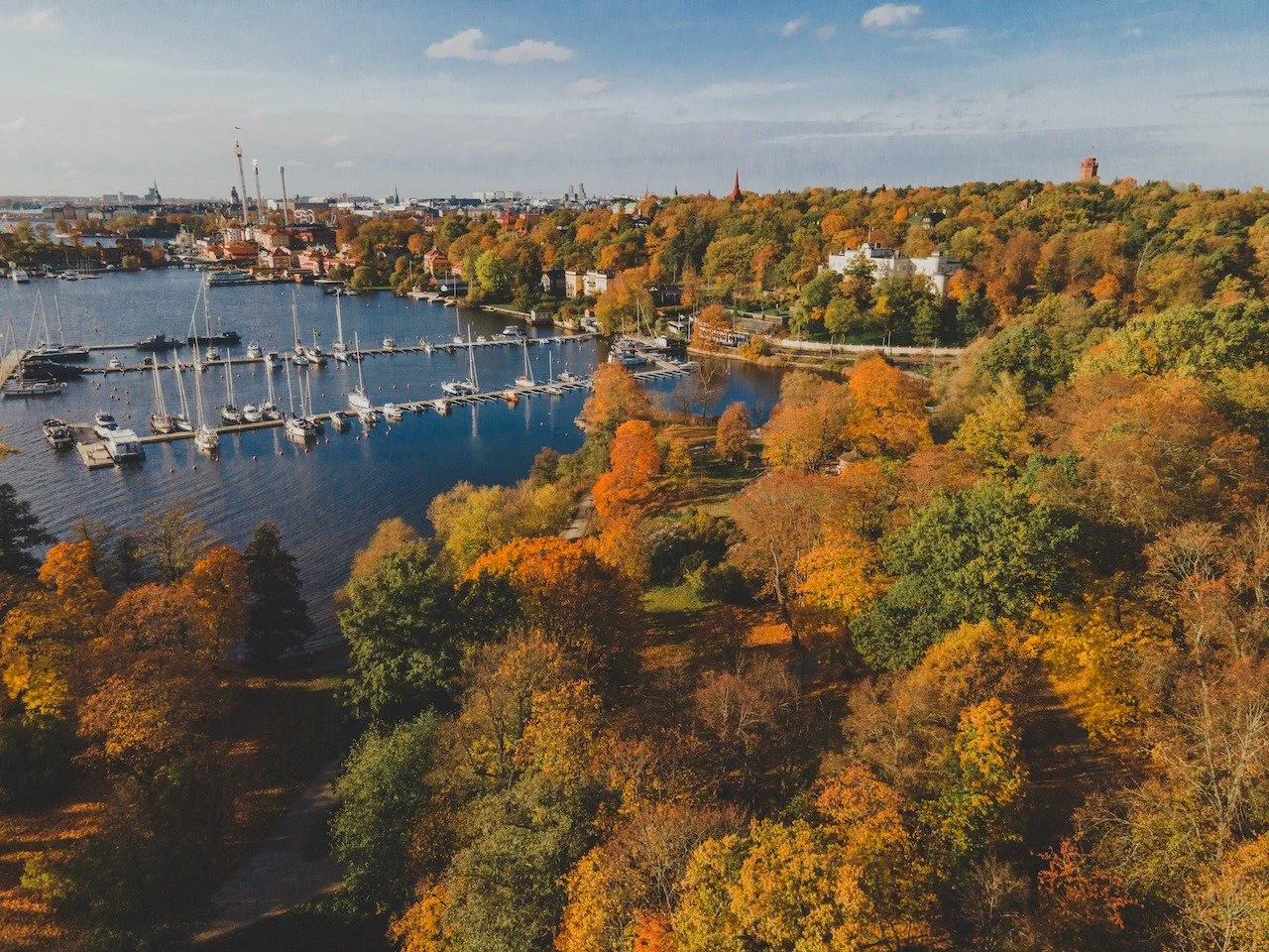 Djurg&aring;rden in autumn feels calm and timeless, with golden trees lining the water and Stockholm softly stretching into the distance. Seen from a drone, the island truly shows why it&rsquo;s considered the green heart of the city. Surrounded by m