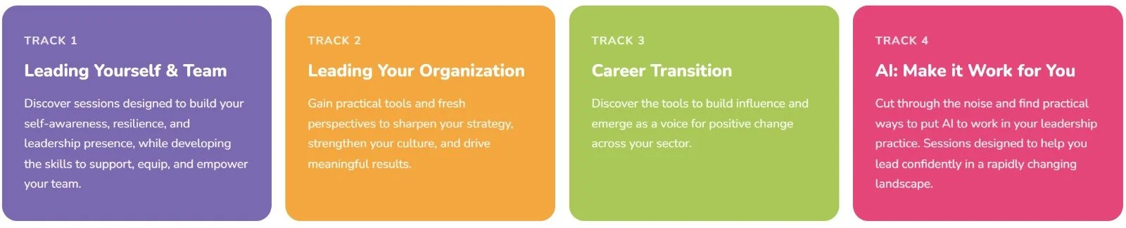 Color-coded sections listing four training tracks: 1) Leading Yourself & Team, 2) Leading Your Organization, 3) Career Transition, 4) AI: Make it Work for You. WILD network leadership for Social Imapct Forum_WILD Forum
