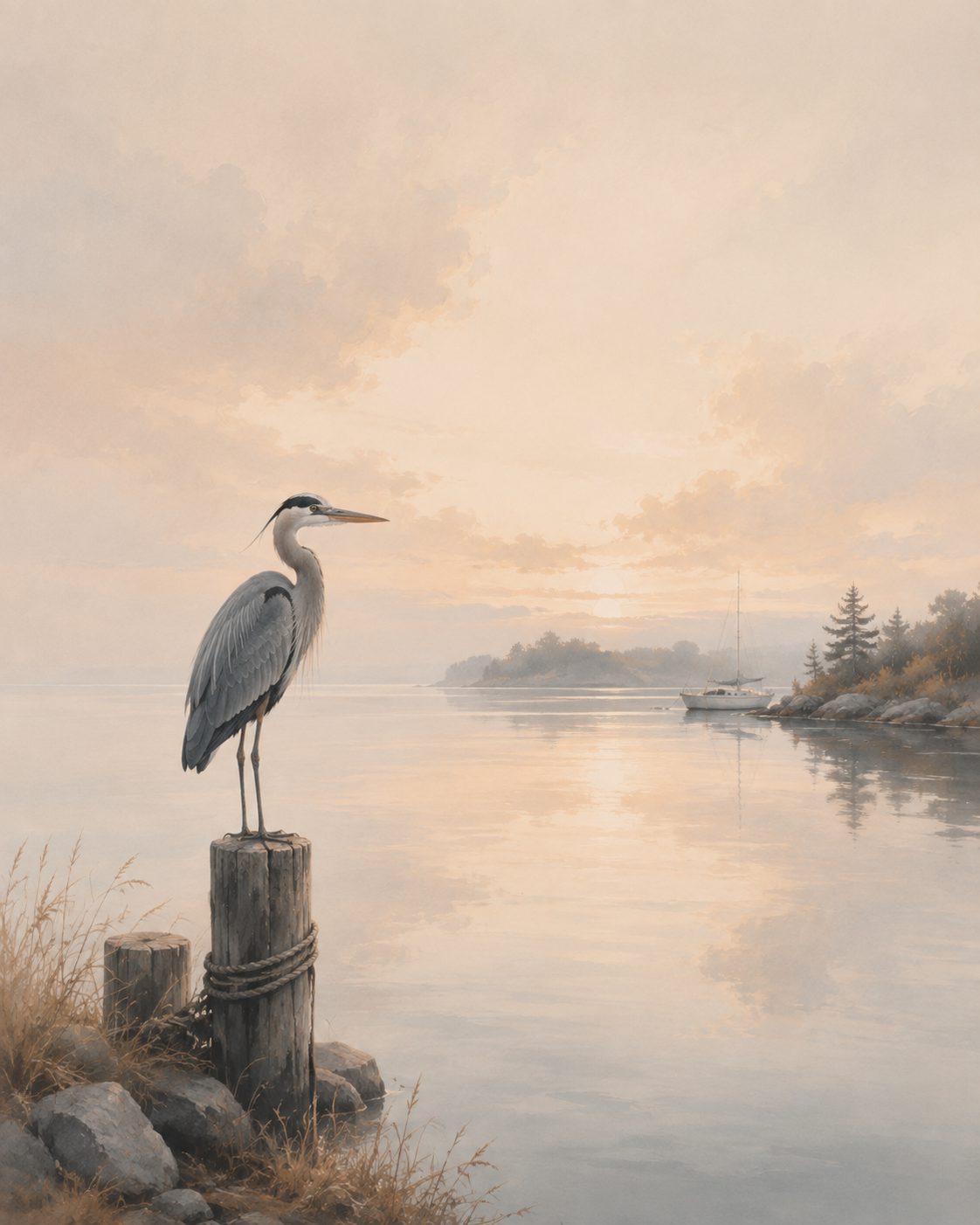 A heron standing on a wooden post near a calm body of water at sunset, with a boat and trees in the background.