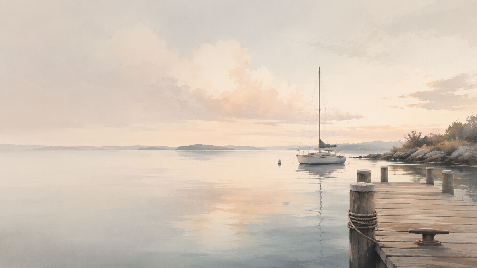 A calm body of water with a dock extending into it. A sailboat is anchored near the rocks on the right side, with a landmass visible across the water. The sky is partly cloudy with a pastel-colored sunset or sunrise.