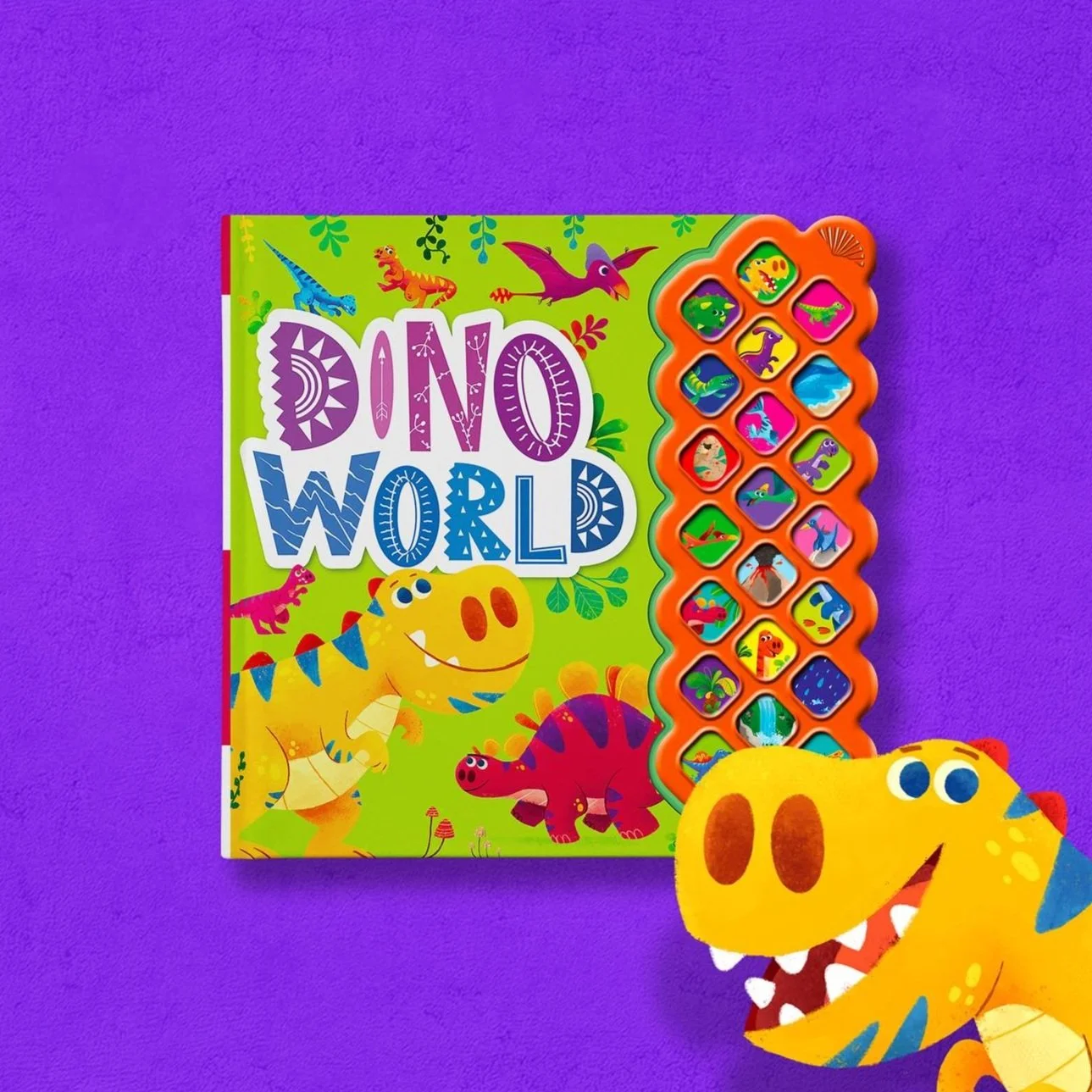 Colorful children's book titled "Dino World" with cartoon dinosaur illustrations, positioned on a purple surface, alongside a game with small dinosaur pictures and a large yellow cartoon dinosaur plush toy.