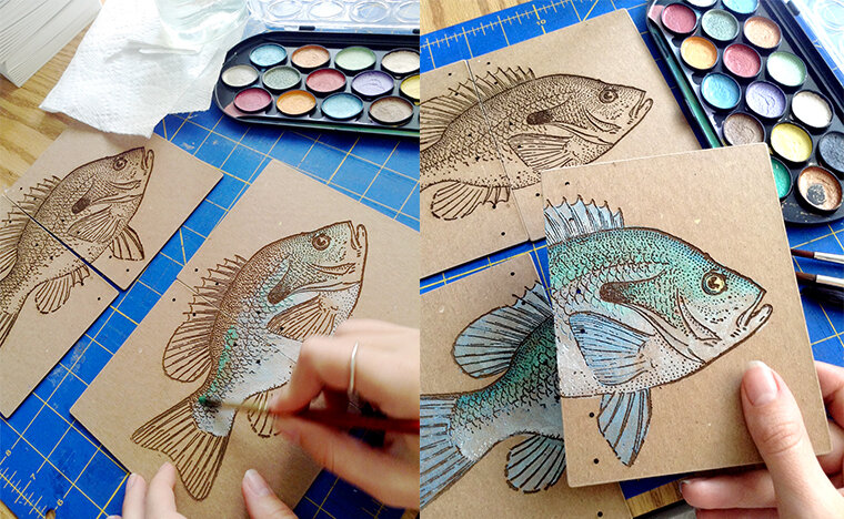 Hand painted watercolor fish journal in progress [sold]