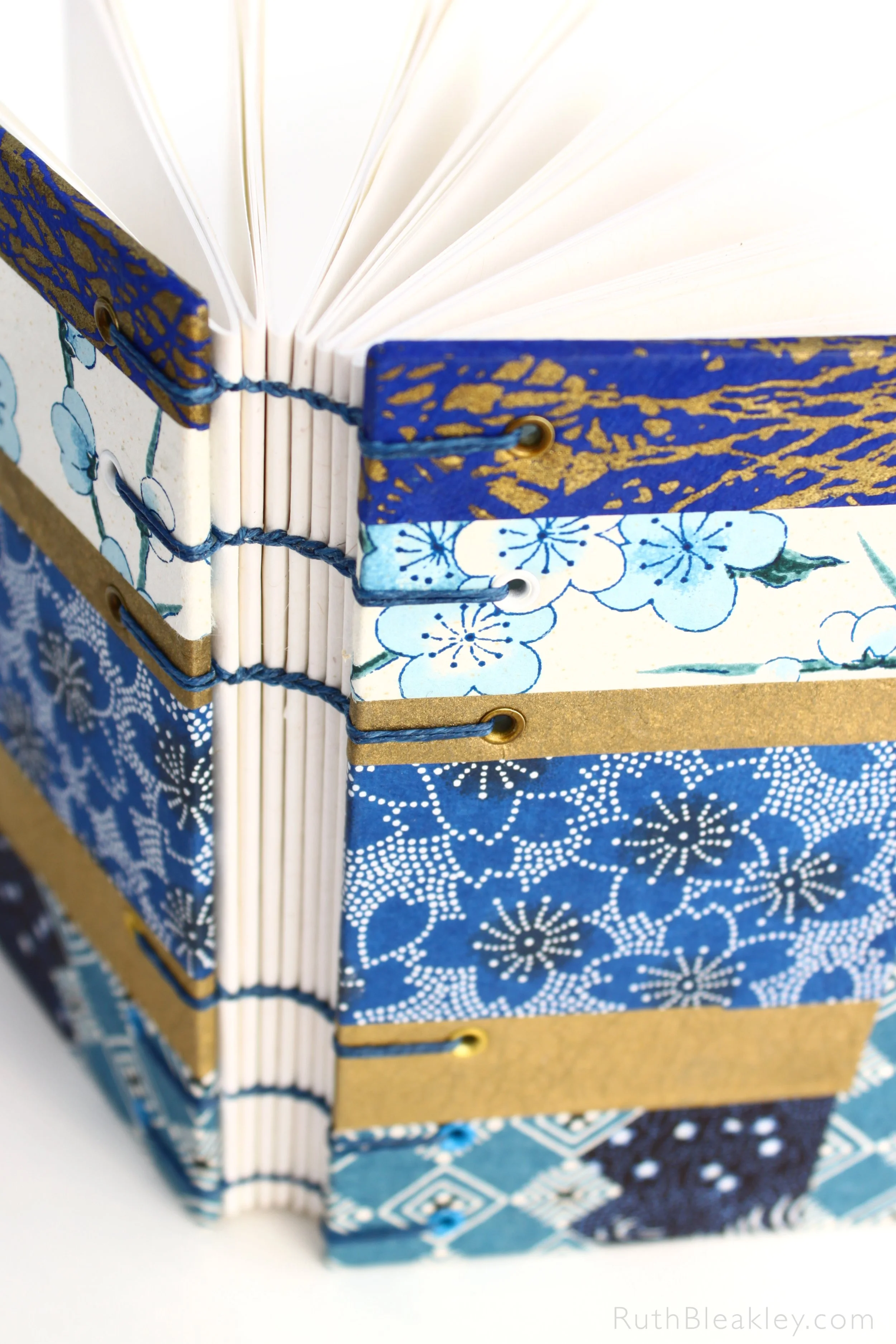 1026 Patchwork Blue and Gold Paper Collage Journal handmade by book artist Ruth Bleakley 3.JPG