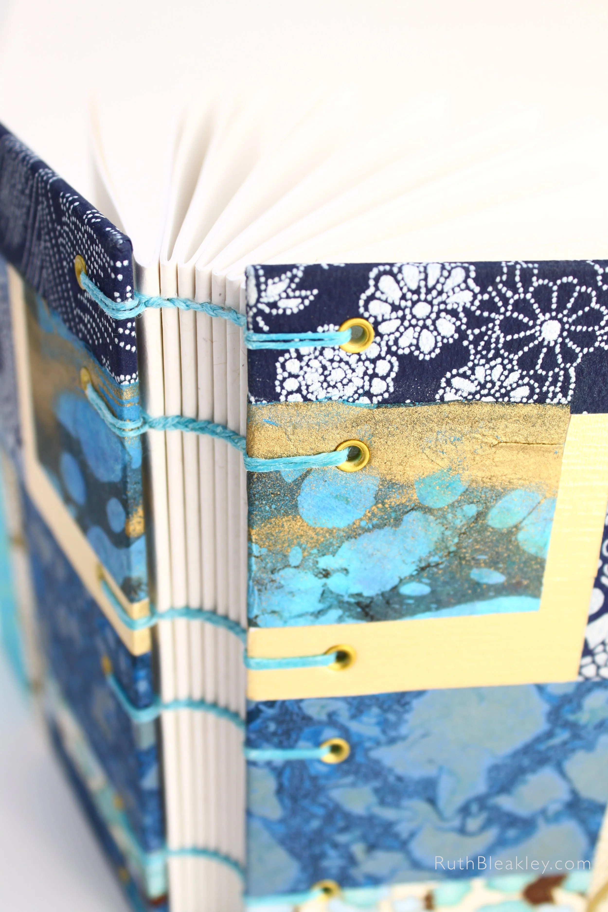 1026 Patchwork Gold and Blue Paper Collage Journal handmade by book artist Ruth Bleakley 2.JPG