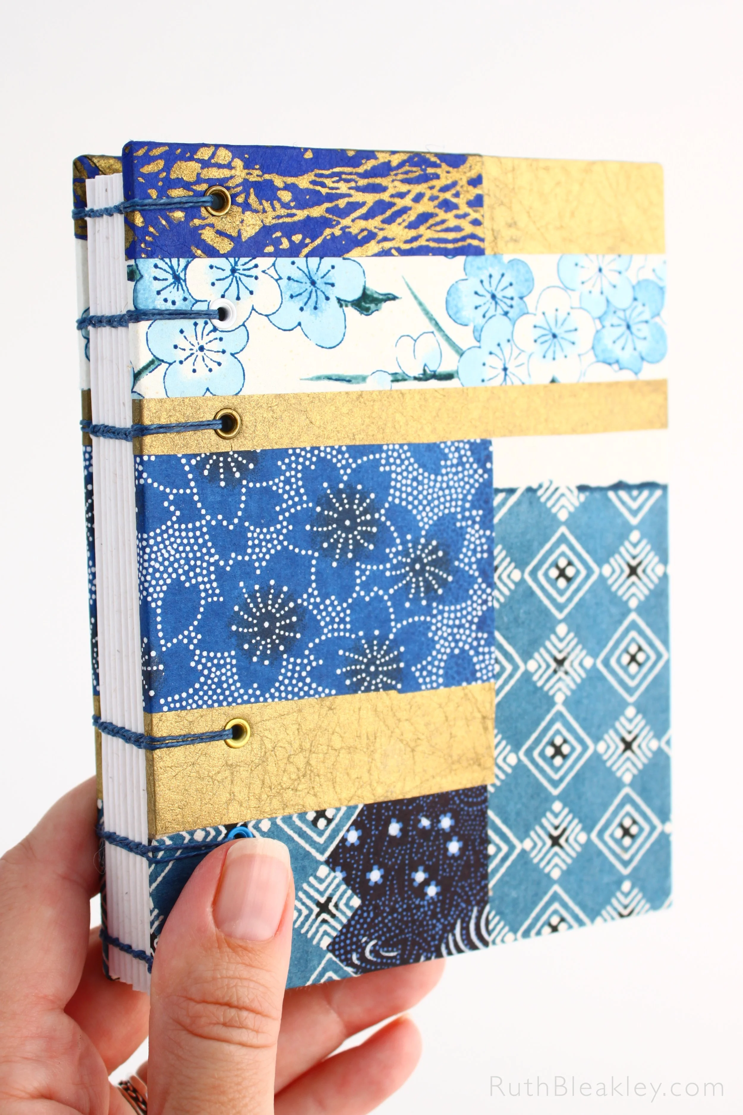 1026 Patchwork Blue and Gold Paper Collage Journal handmade by book artist Ruth Bleakley 1.JPG