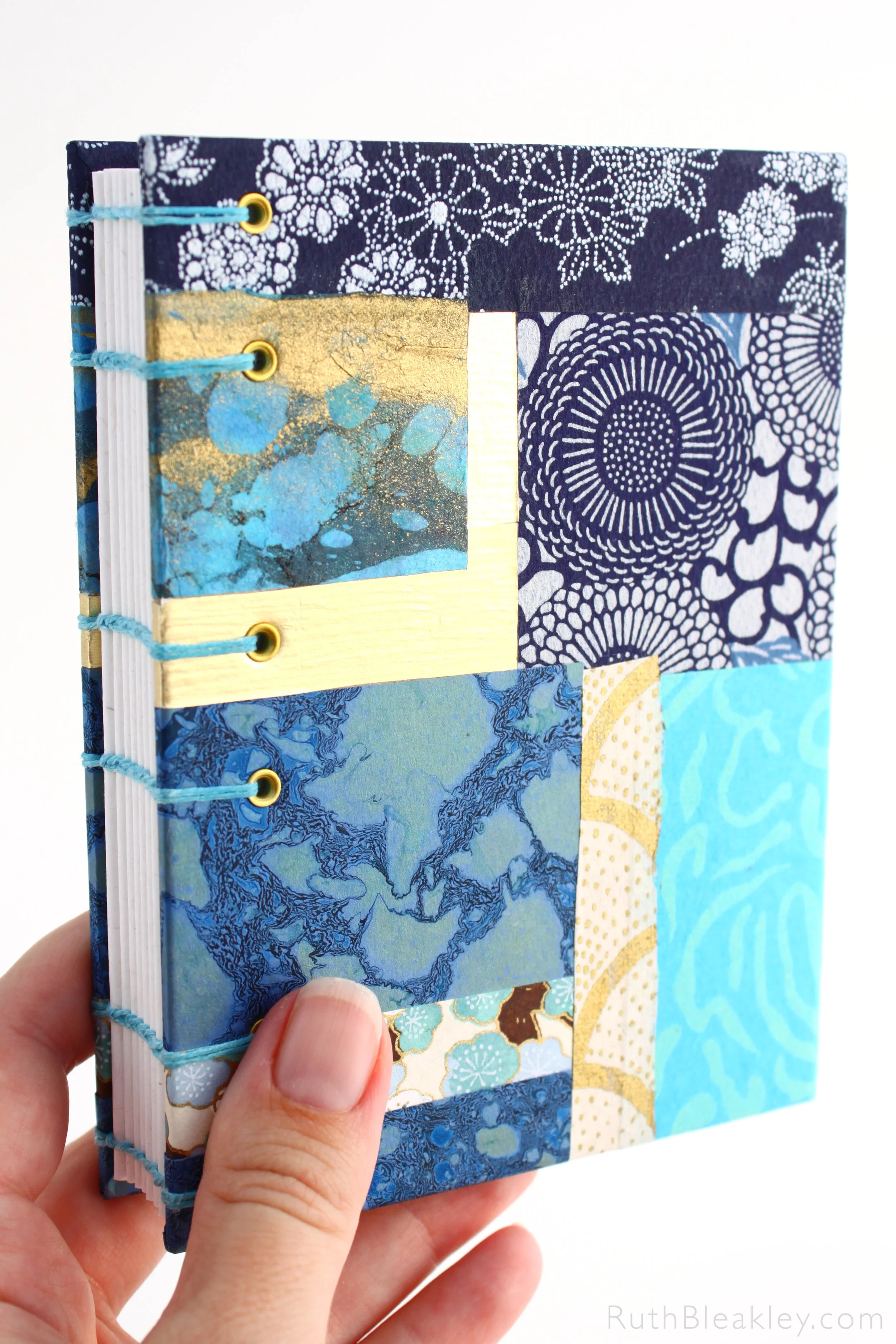1026 Patchwork Gold and Blue Paper Collage Journal handmade by book artist Ruth Bleakley 1.JPG