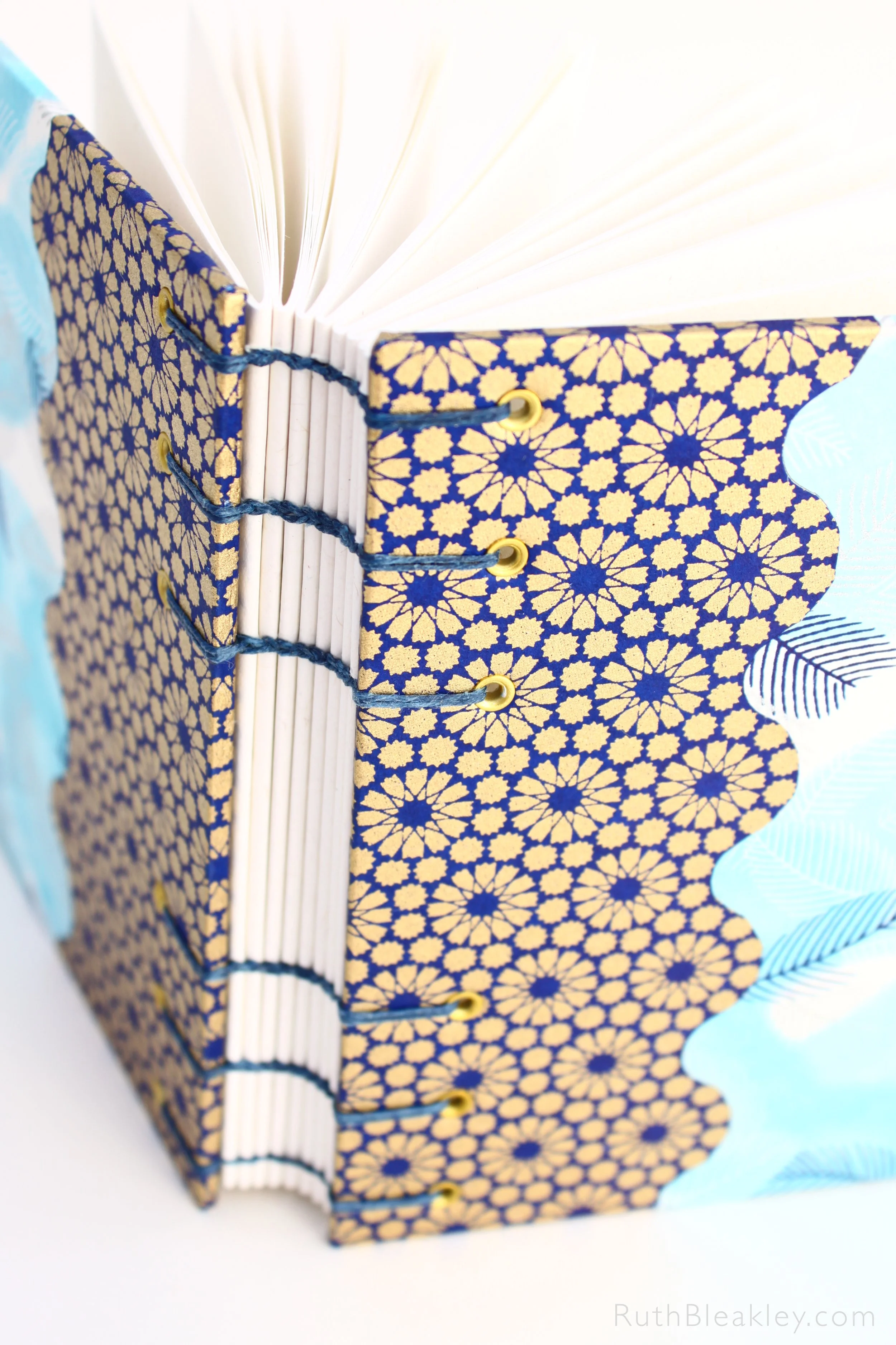 1026 Blue and Gold Feathers and Pattern Chiyogami Journal handmade by Book artist Ruth Bleakley 3.JPG