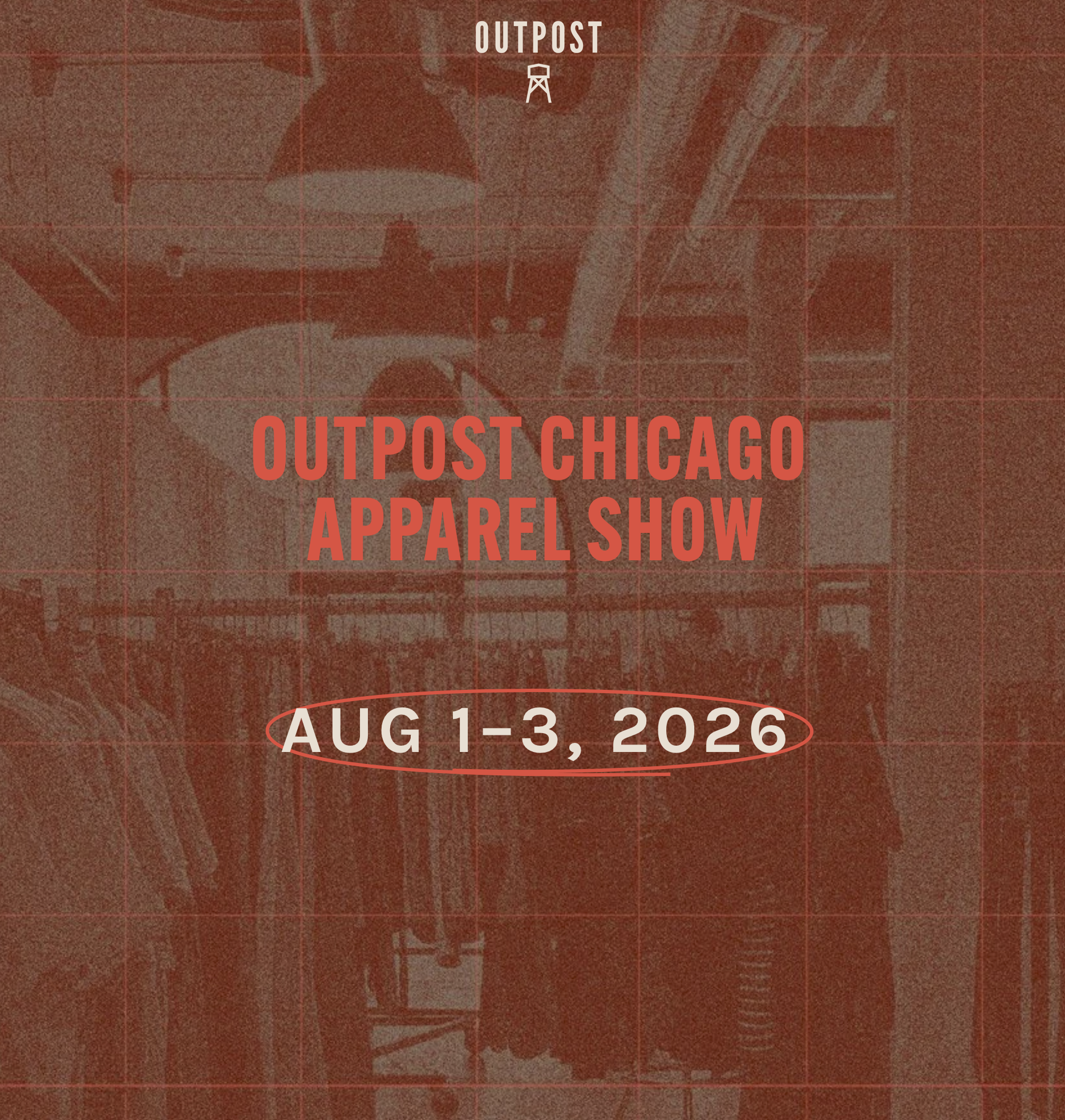 Trade show with clothing displays and people, promoting Outpost Chicago Apparel Show happening August 2 to 4, 2025.