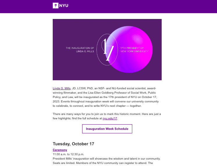  Fall 2023 all-community message to promote NYU's presidential inauguration events. 
