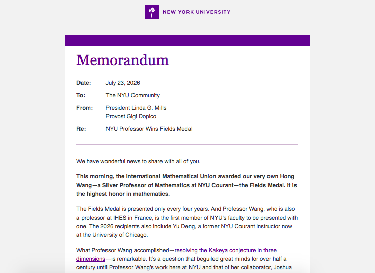  Summer 2026 all-community message to honor Hong Wang, winner of the Fields Medal. 
