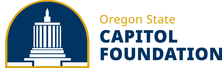 Oregon State Capitol Foundation Logo. Icon of the statue on the top of the building with text in gold and navy blue